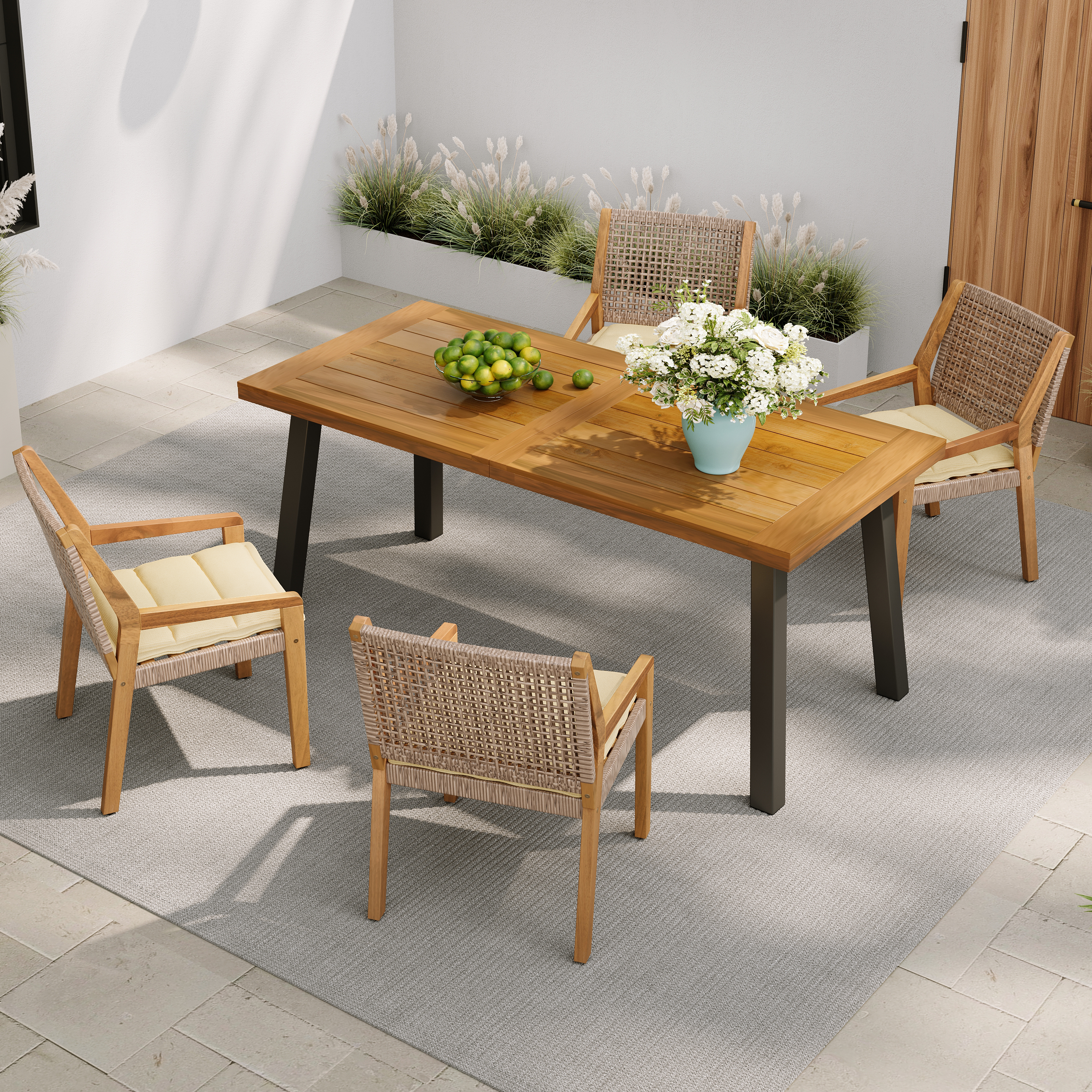 Outdoor Dining Set -Premium Acacia Wood Della Table & Wicker Chairs With Cream Cushion For Comfortable Dining Experience,Suitable For Large Gatherings 1 Table 4 Chairs