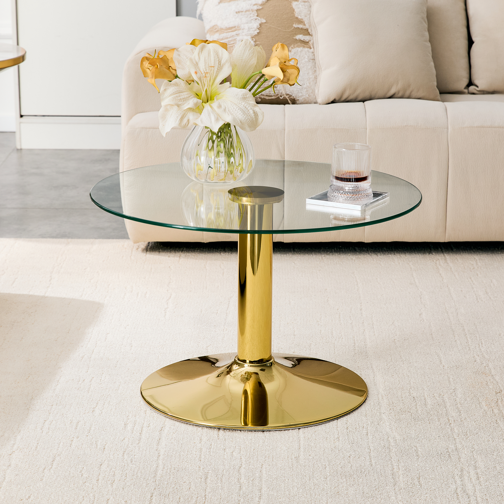 27.5" Round Tempered Glass Coffee Table with Gold Base