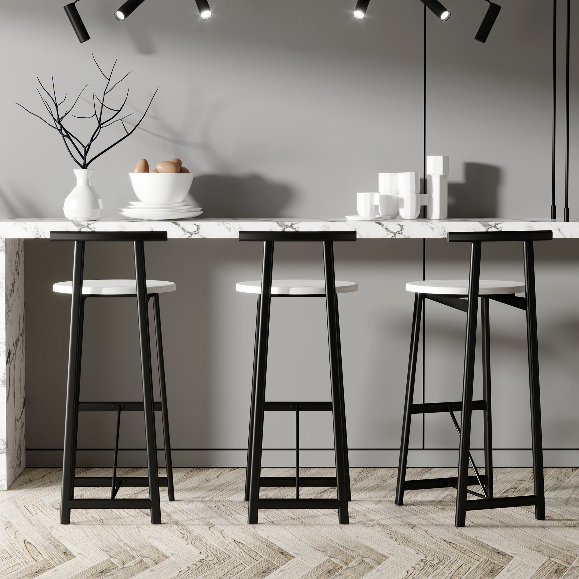 Bar Stools Kitchen Island Bar Chairs Set Of 3 Metal Counter Barstools With Backrest For Dining Pub Room  Black & White — foto 2