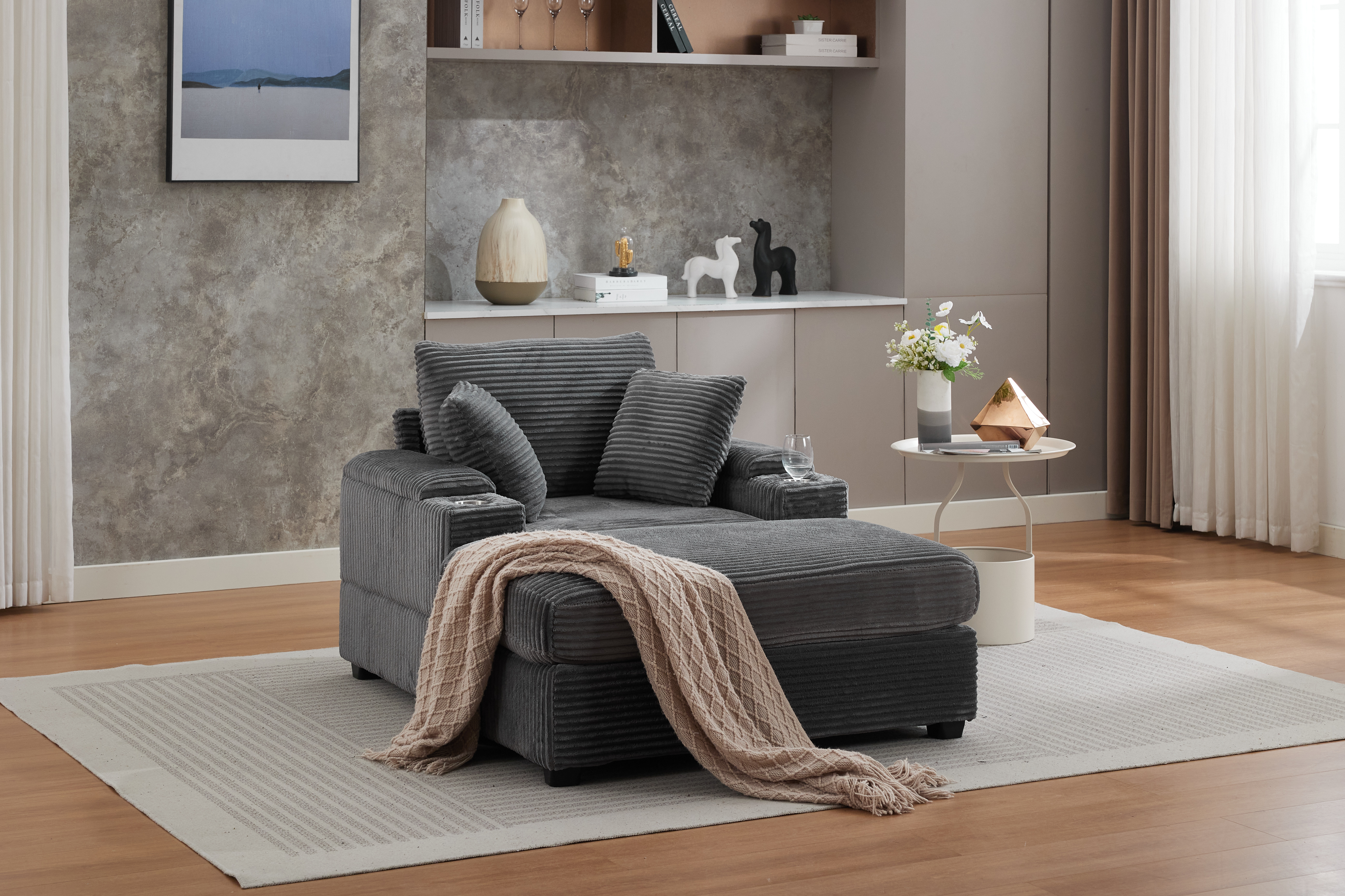 VIDEO New Corduroy Upholstered Chaise Lounge Sofa With Handrail Storage ,Movable Ottoman,Cupholders,Detachable Cushions Deep Seat For Living Room Office,3 Colour