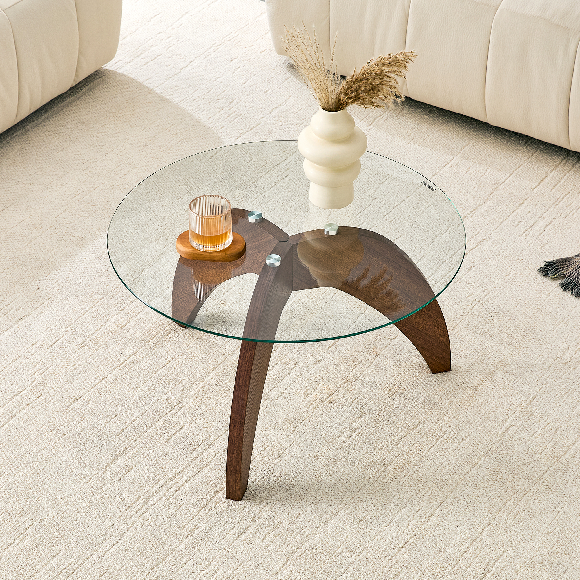 Creative Claw-style Triangular-leg Round Coffee Table, Approximately 27.5 Inches In Diameter, Featuring A Clear Tempered Glass Top And Walnut-colored MDF. Perfect As A Living Room Coffee Table,etc. — foto 3