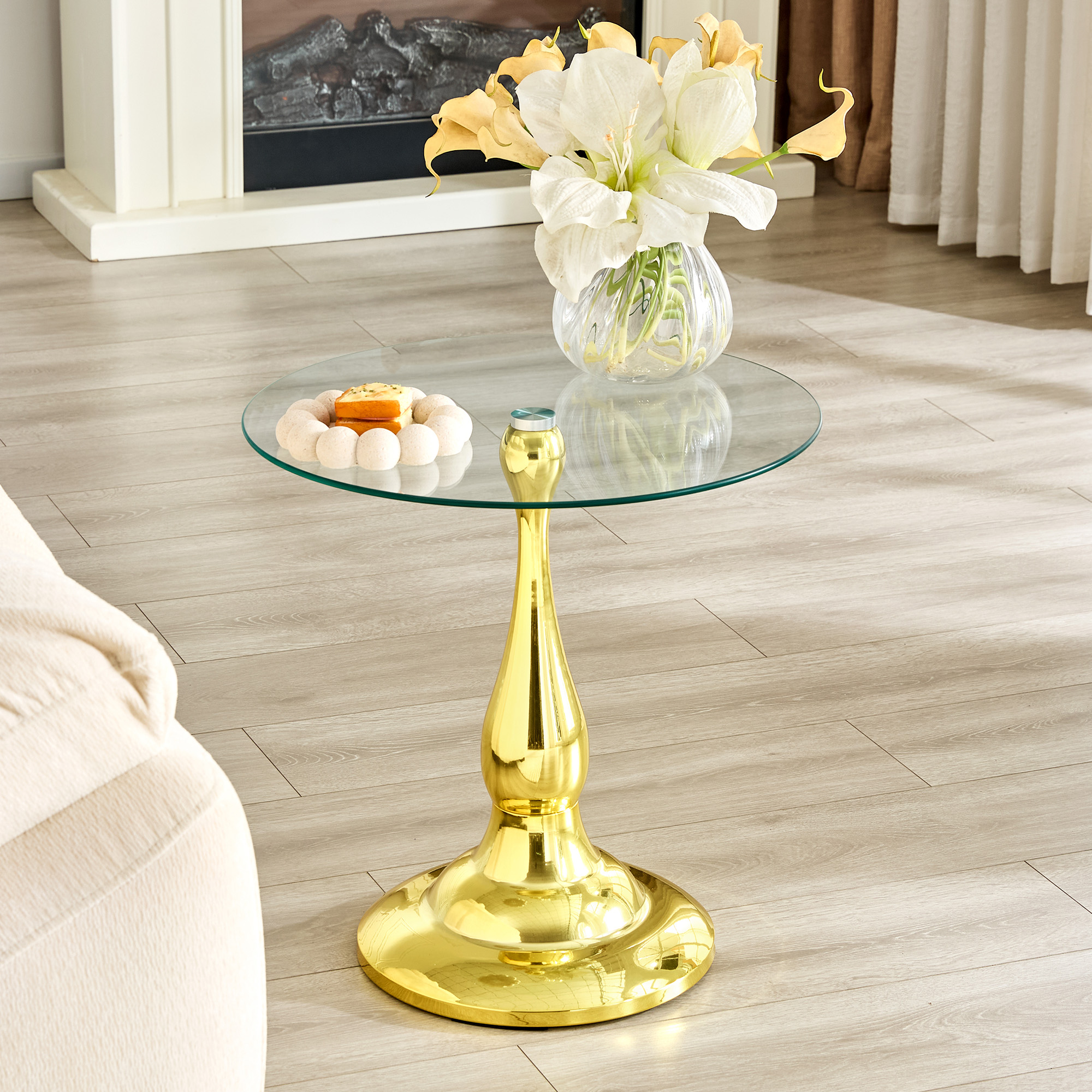 Modern Round Metal Side Table with Glass Top