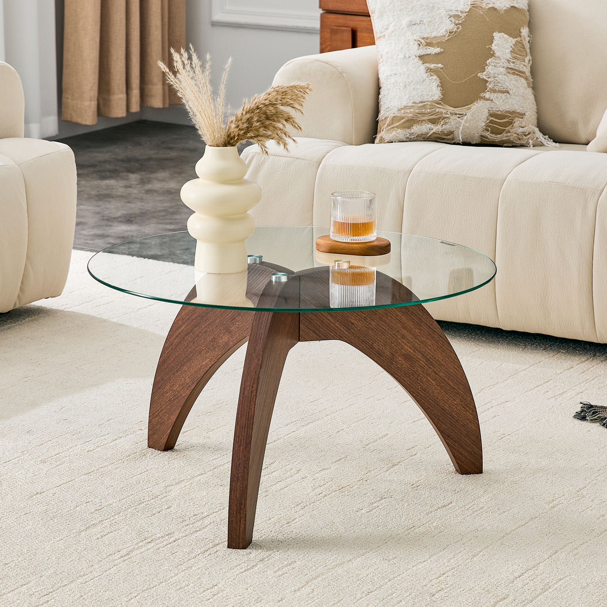Creative Claw-style Triangular-leg Round Coffee Table, Approximately 27.5 Inches In Diameter, Featuring A Clear Tempered Glass Top And Walnut-colored MDF. Perfect As A Living Room Coffee Table,etc. — foto 4