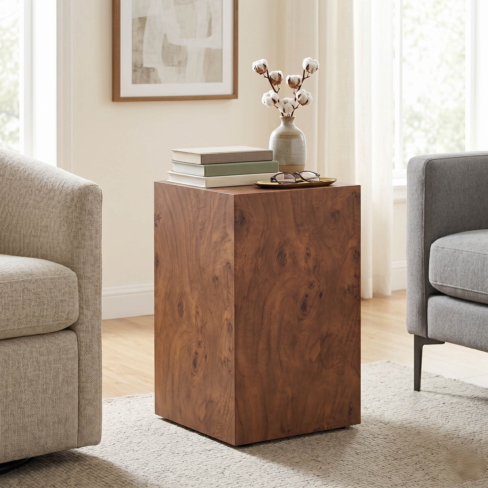Premium Burl Walnut Veneer MDF Cube Table, Height Adjustable Multi-purpose Coffee Side End Table For Living Room, 11.8 X11.8 X19.7 , No Extra Items Included