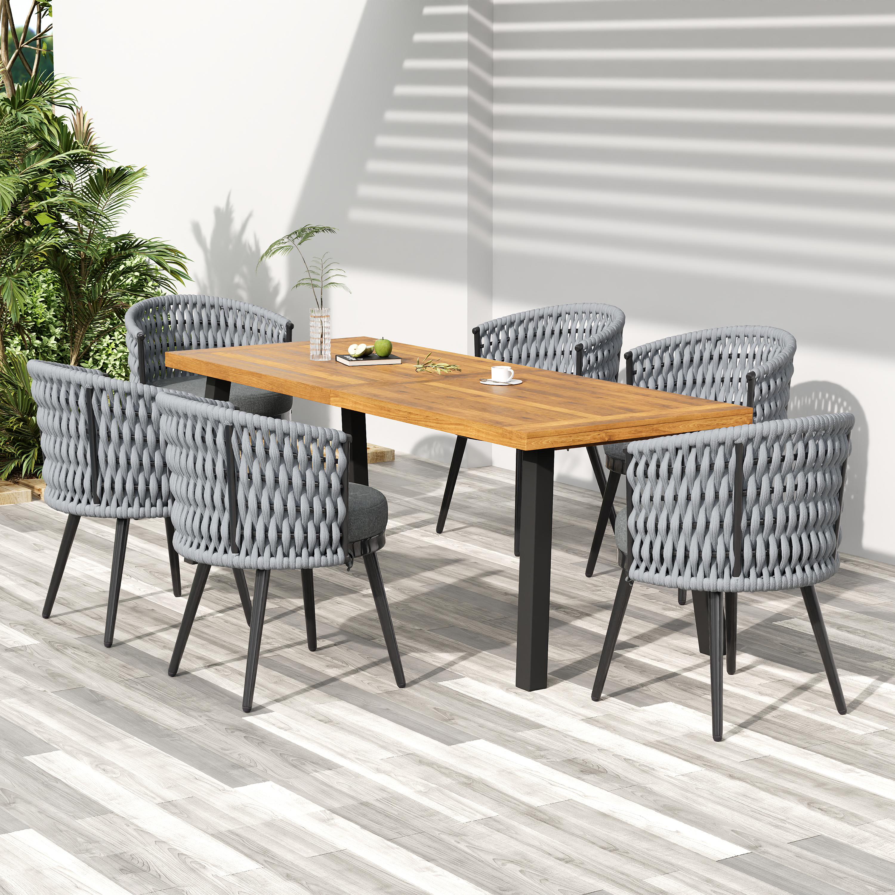 Outdoor Dining Set -Premium Acacia Wood Dining Table & Rope Chairs With Light Gray Cushion For Comfortable Dining Experience,Suitable For Large Gatherings 1 Table 6 Chairs