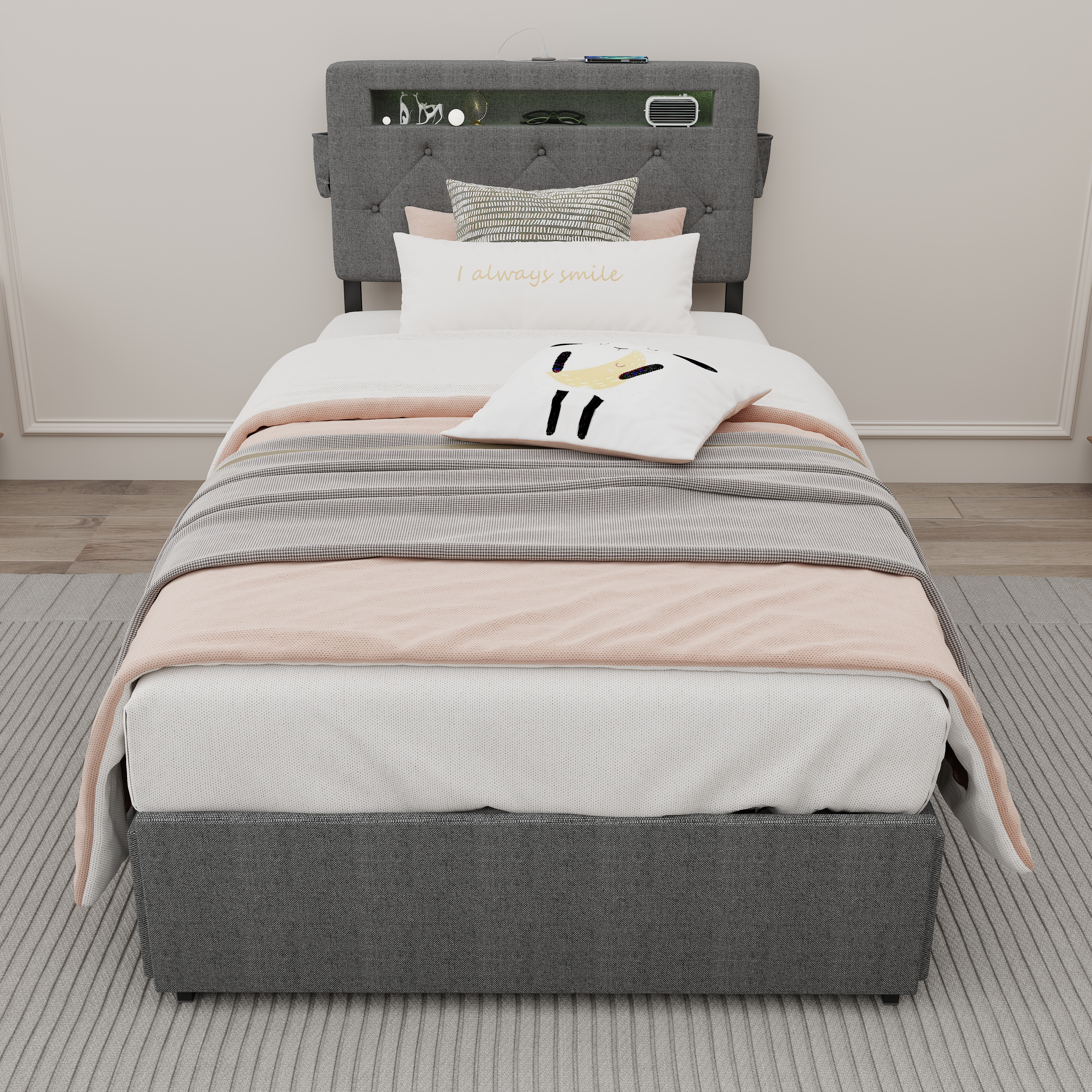 Twin Bed Frame With USB Charging Station & LED Lights, Twin Bed Frame With Headboard & 4 Storage Drawers, D