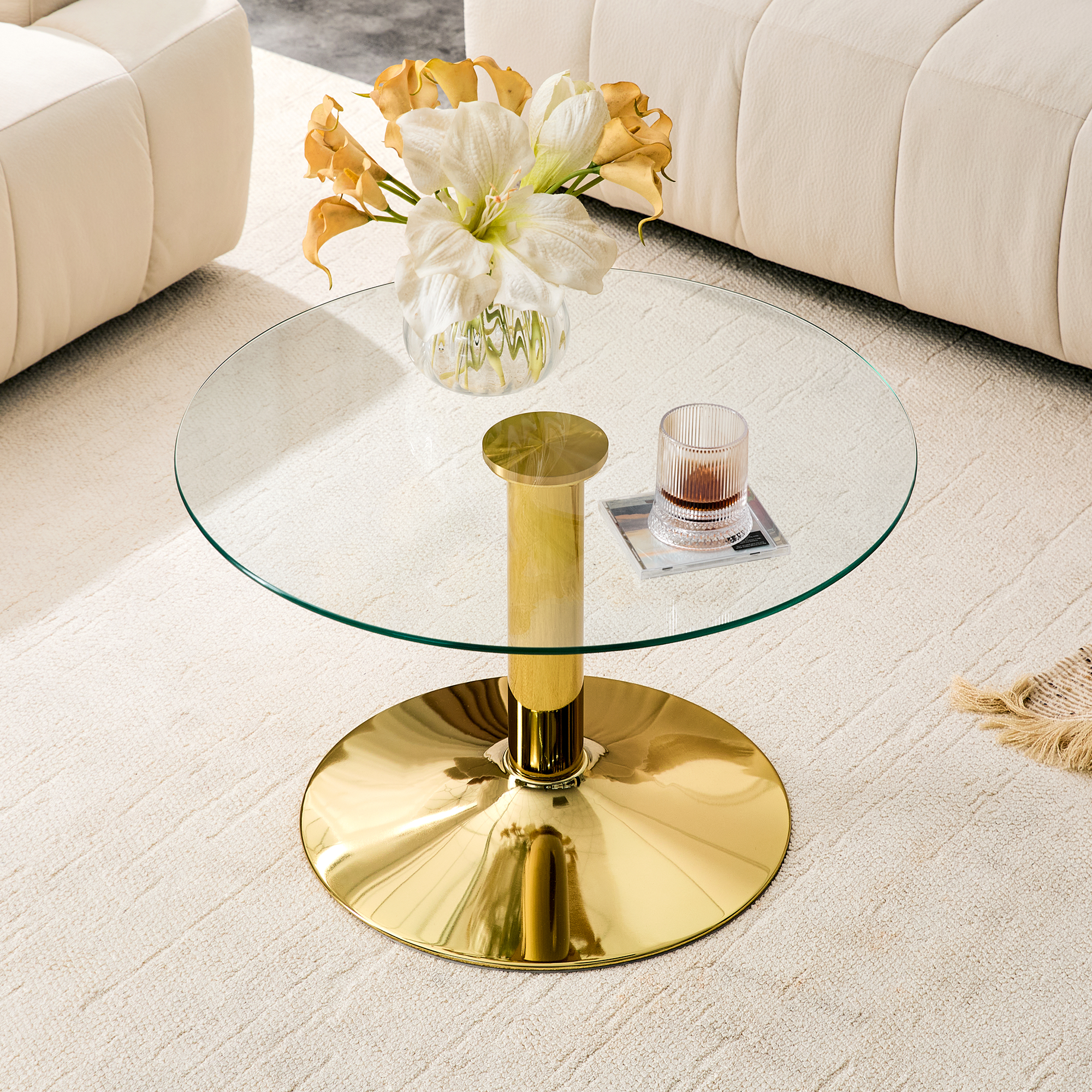 27.5" Round Tempered Glass Coffee Table with Gold Base