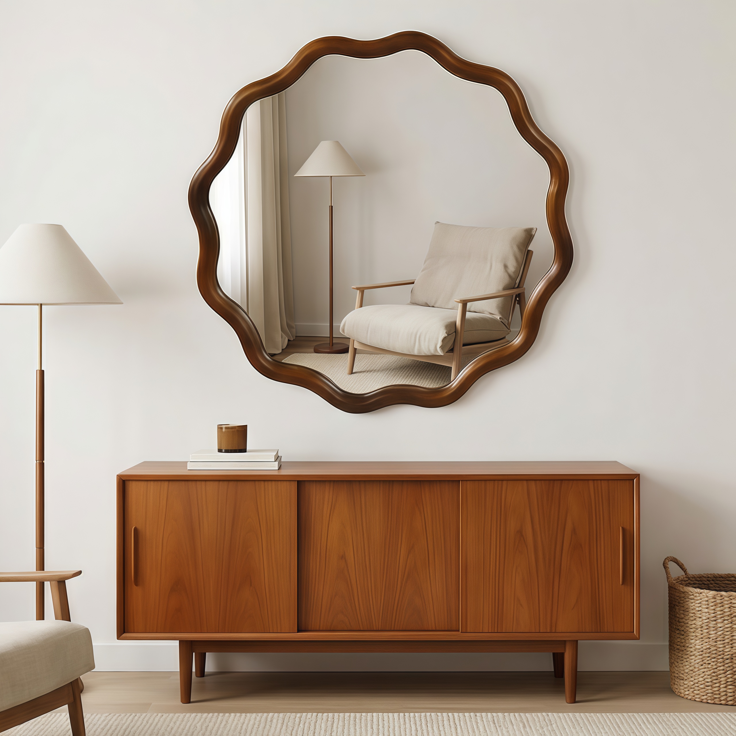 Black Walnut Color 36 Inch Wavy Round Solid Wood Frame Decorative Mirror,For Bedroom, Bathroom, Living Room, Entryway