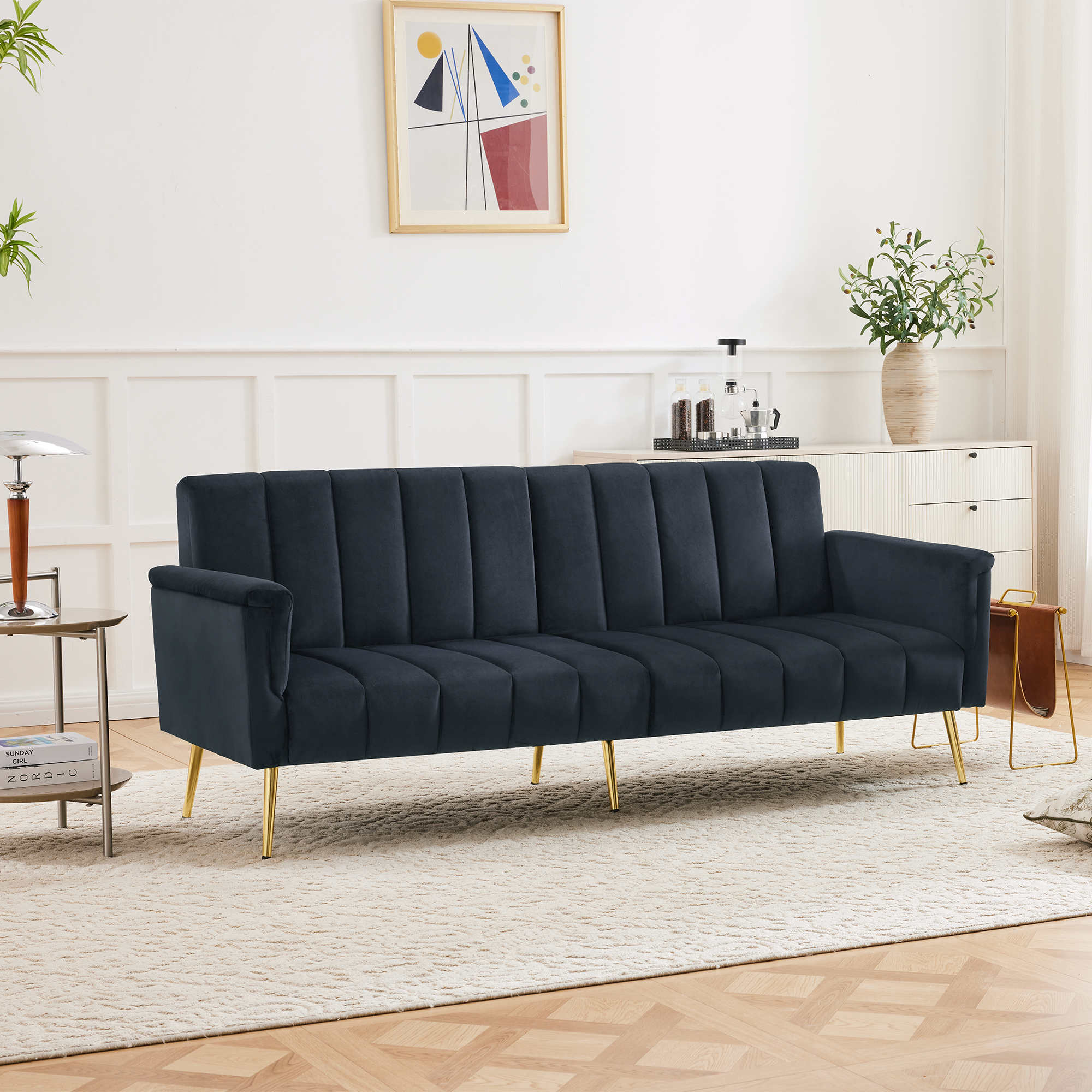 Modern Adjustable Velvet Sofa Bed With Multi Position Backrest & Armrests — image 2