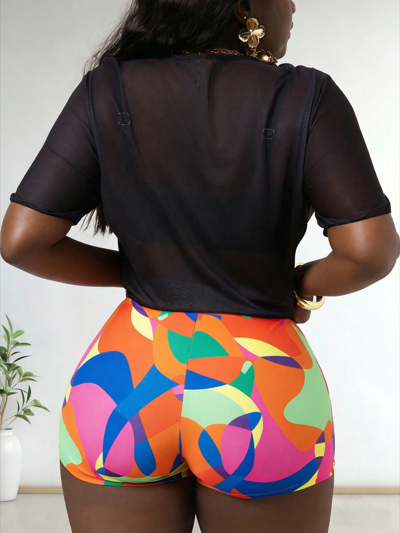 2026 New Art Face Print Set, Sheer Short Sleeve & Geo Shorts, Streetwear Plus Size Women's Clothing Swimsuits For Woman — foto 3