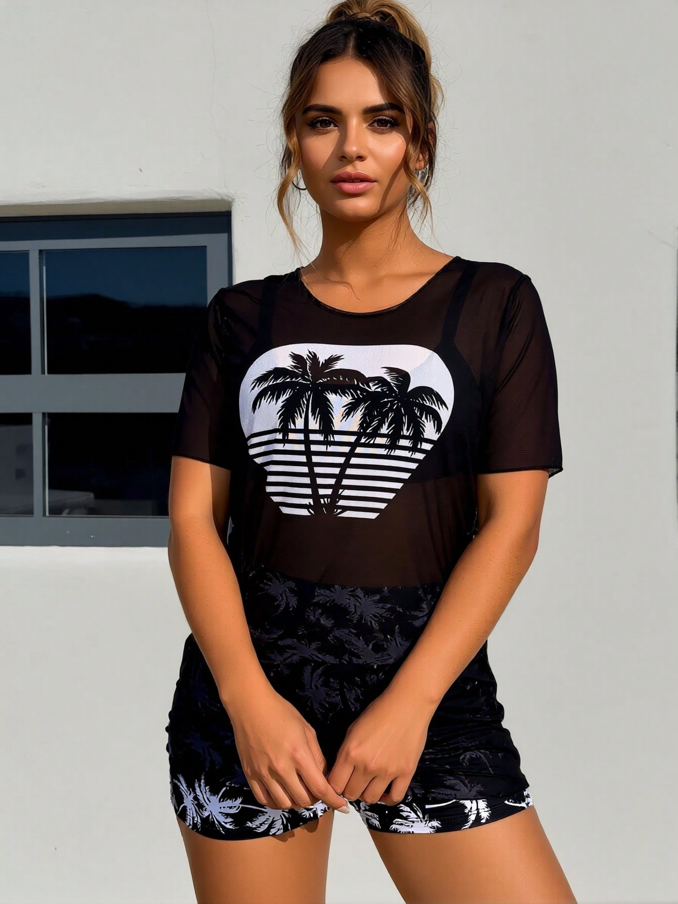 2026 New Coconut Tree Print 3 Piece Set, Sheer Mesh Cover Up & Print Skirted Bottom & Shorts, Vacation Casual Swimwear Set — foto 5