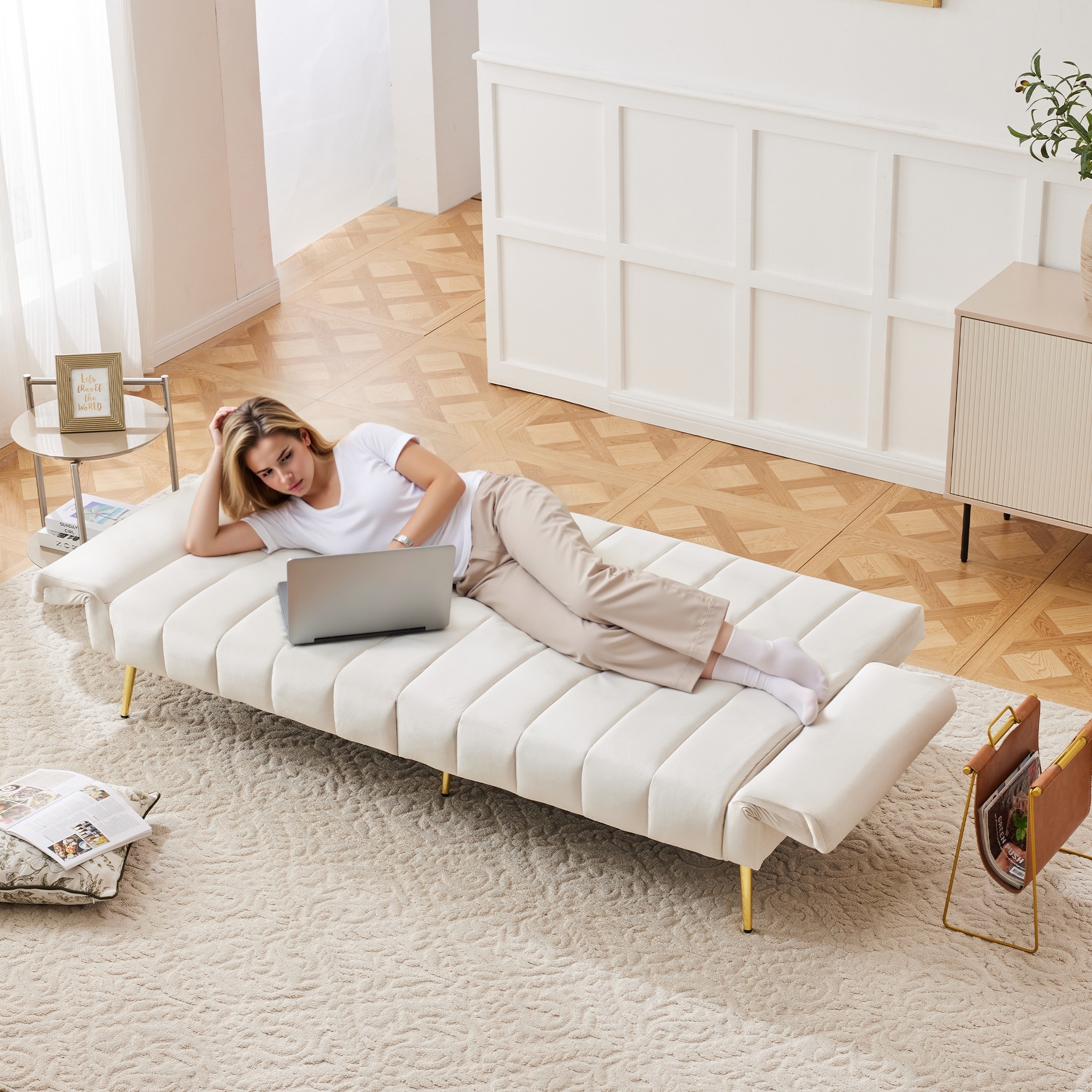 Modern Adjustable Velvet Sofa Bed With Multi Position Backrest & Armrests — image 2
