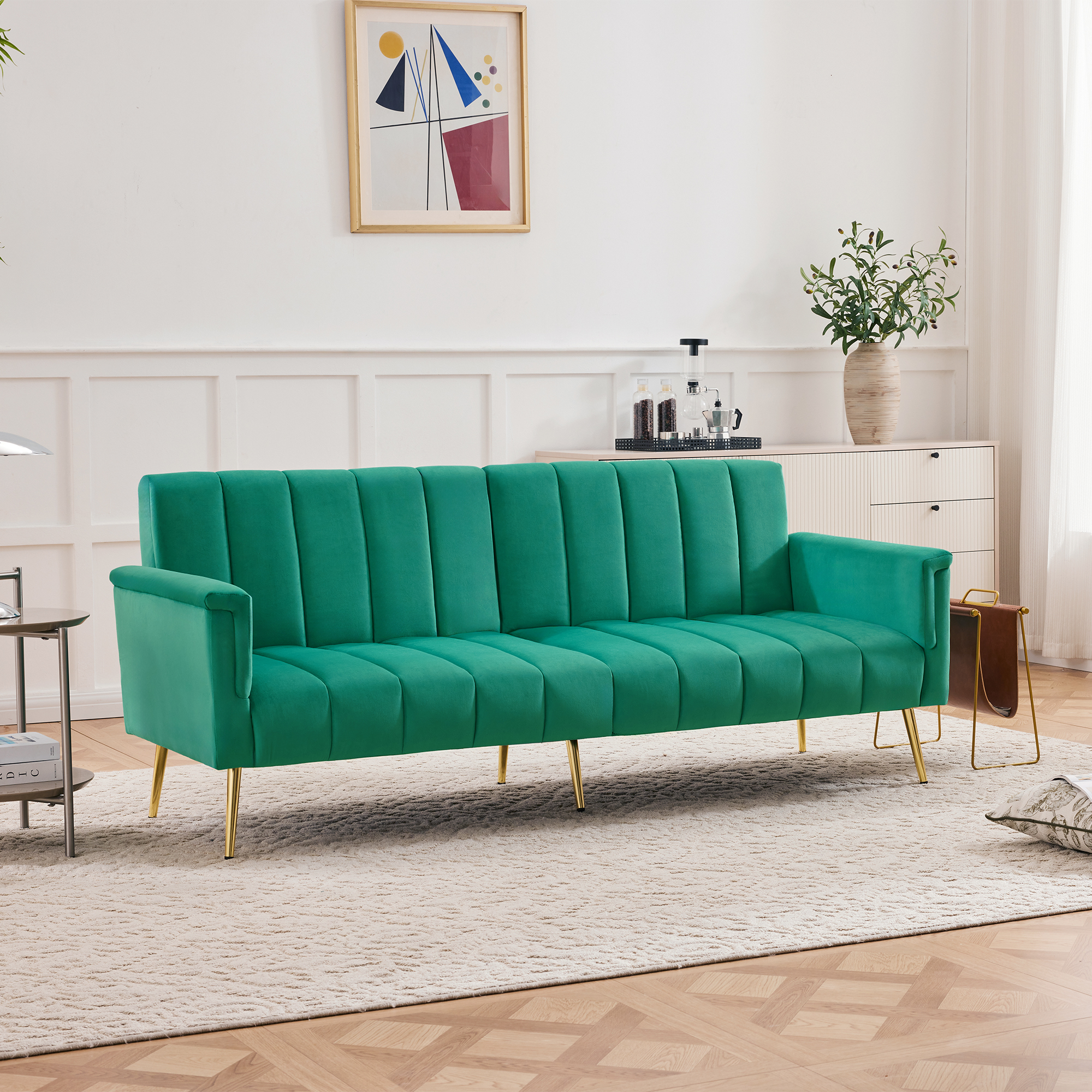 Modern Adjustable Velvet Sofa Bed With Multi Position Backrest & Armrests — image 4