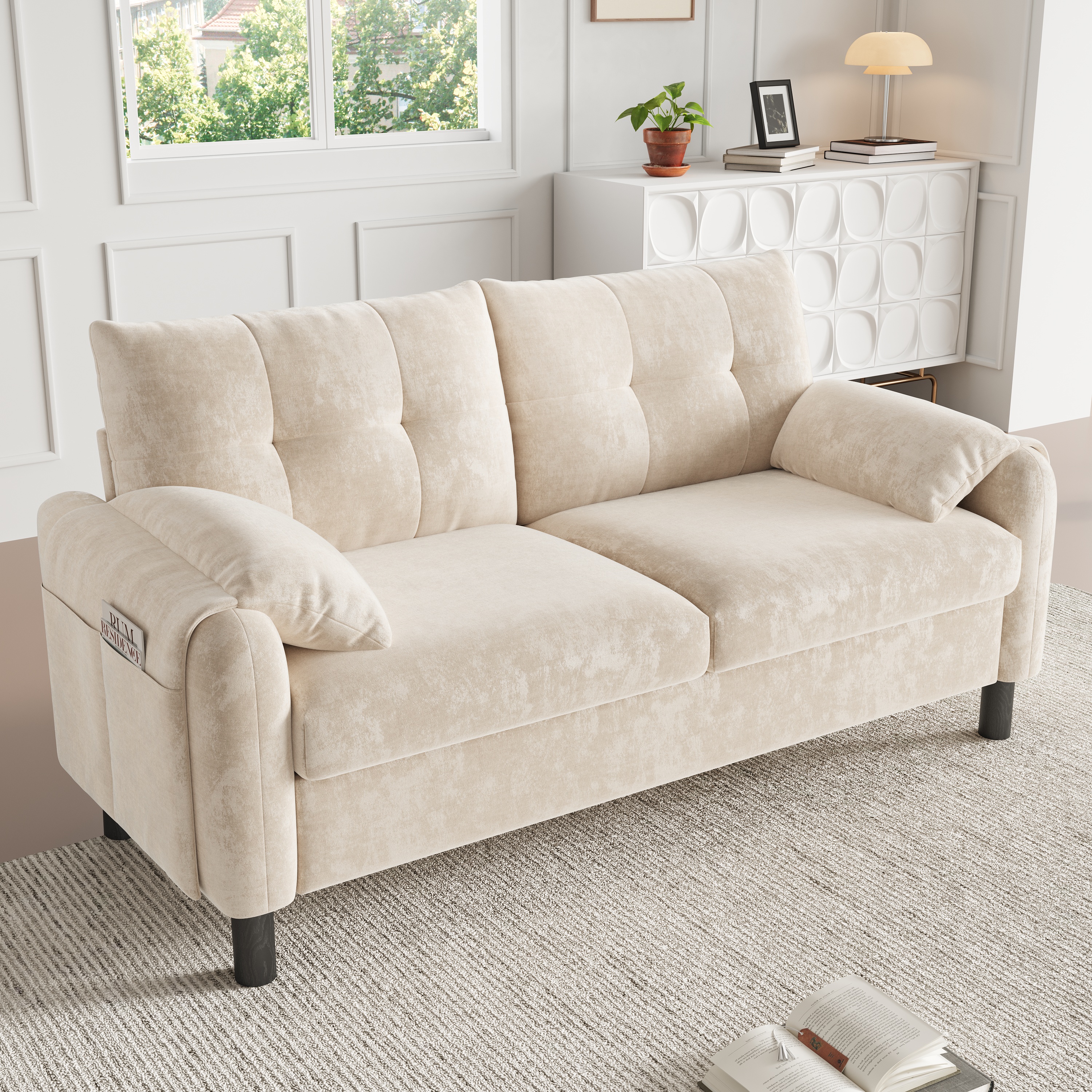Modern 2 Seater Chenille Fabric Sofa With Soft Cushioned Seat, Pillow Style Armrests And Side Storage Pocket, Space Saving Design For Small Living Rooms, Bedrooms And Apartments, Beige