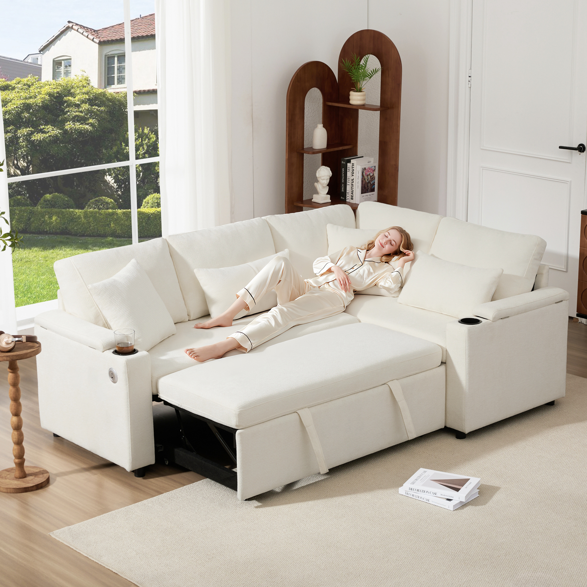 L Shaped Extendable Convertible Corner Sofa With Storage, Cup Holders, USB Charging Port, Armrest Tray And 4 Cushions, Ideal For Living Room, Guest Room And Home Cinema, Beige.