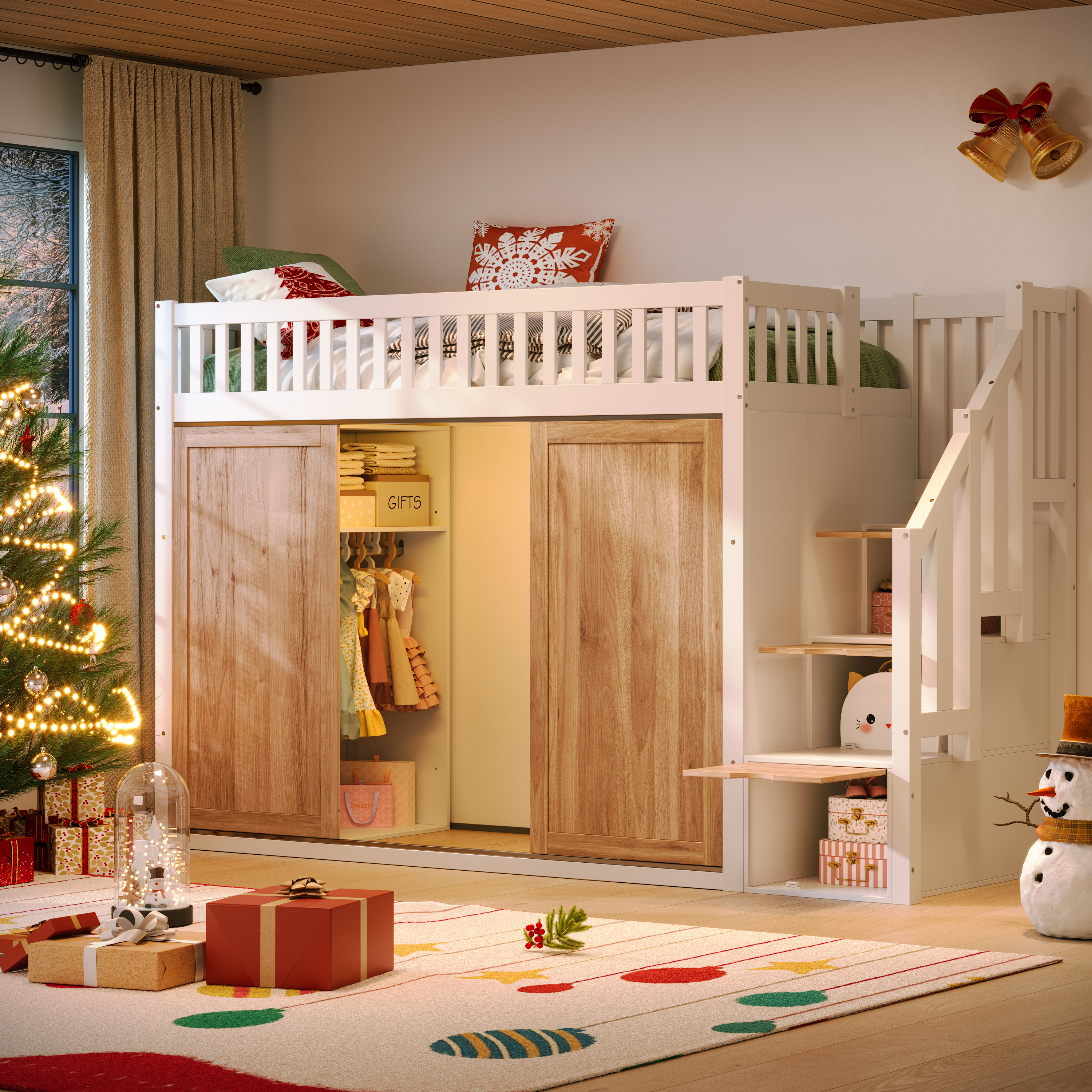 Loft Bed, Children S Wooden 3ft-90x190cm With LED Lighting, Storage Stairs — image 4