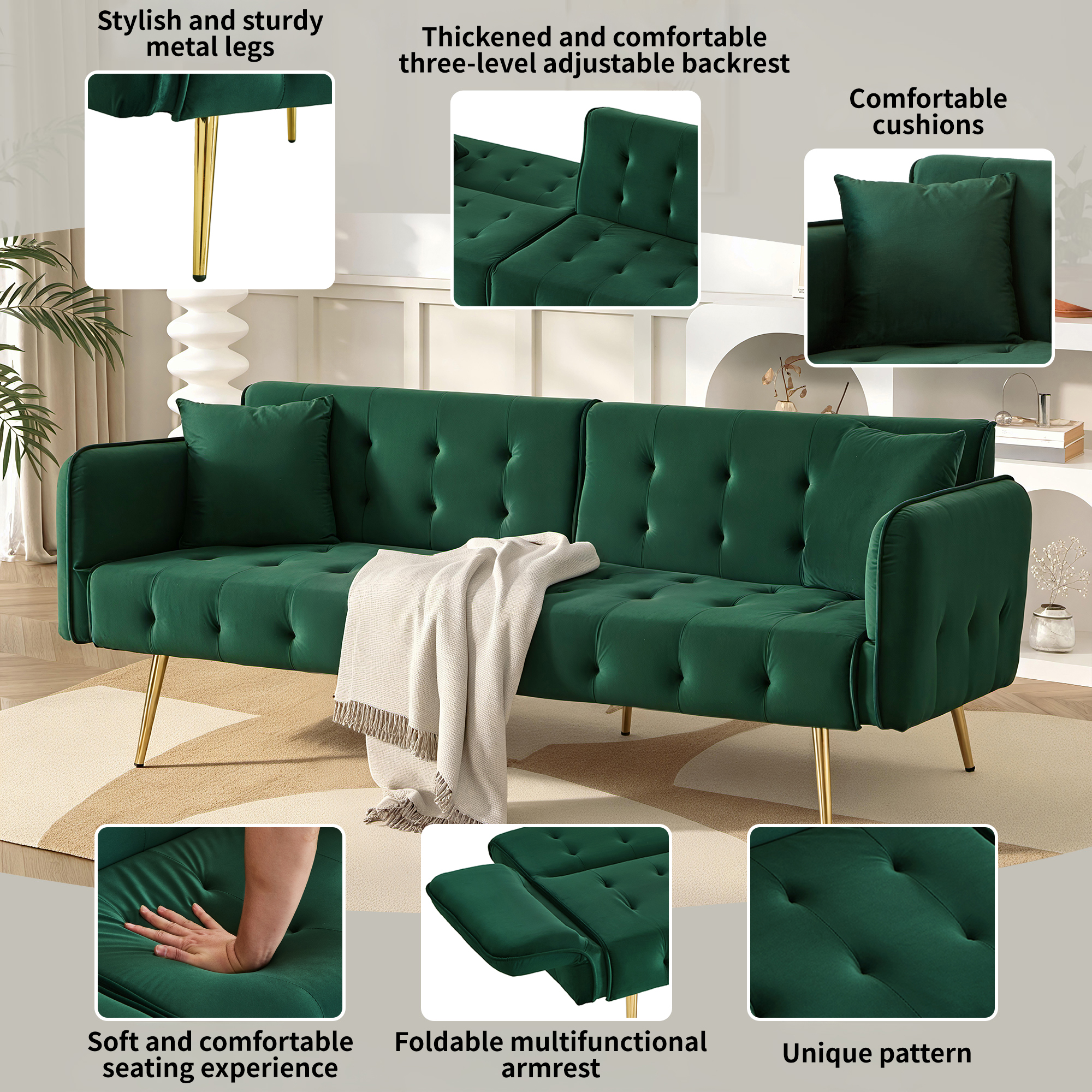 2-Seater Sofa Bed With Sleeping Function, Adjustable Backrest Multi-Position — image 4