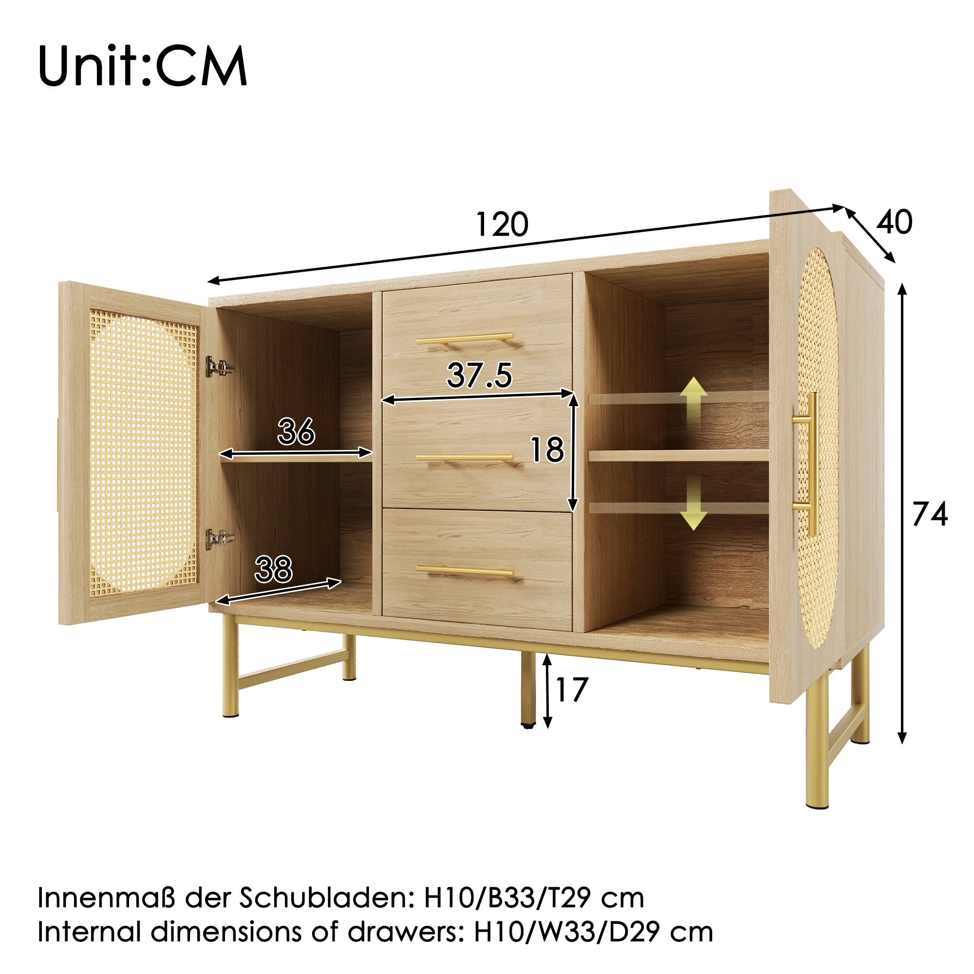 Rattan Sideboard Storage Cabinet With 2 Doors 3 Drawers, For Living Room — image 3
