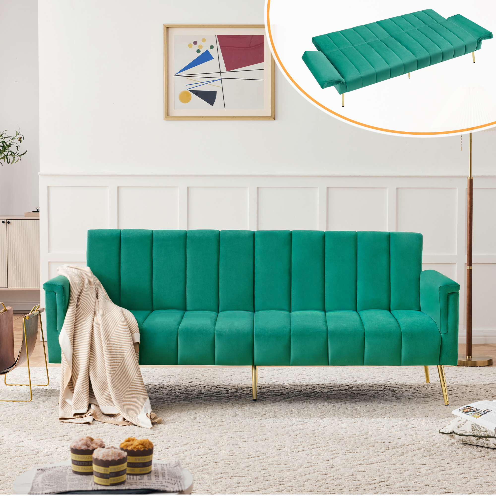 Modern Adjustable Velvet Sofa Bed With Multi Position Backrest & Armrests — image 2