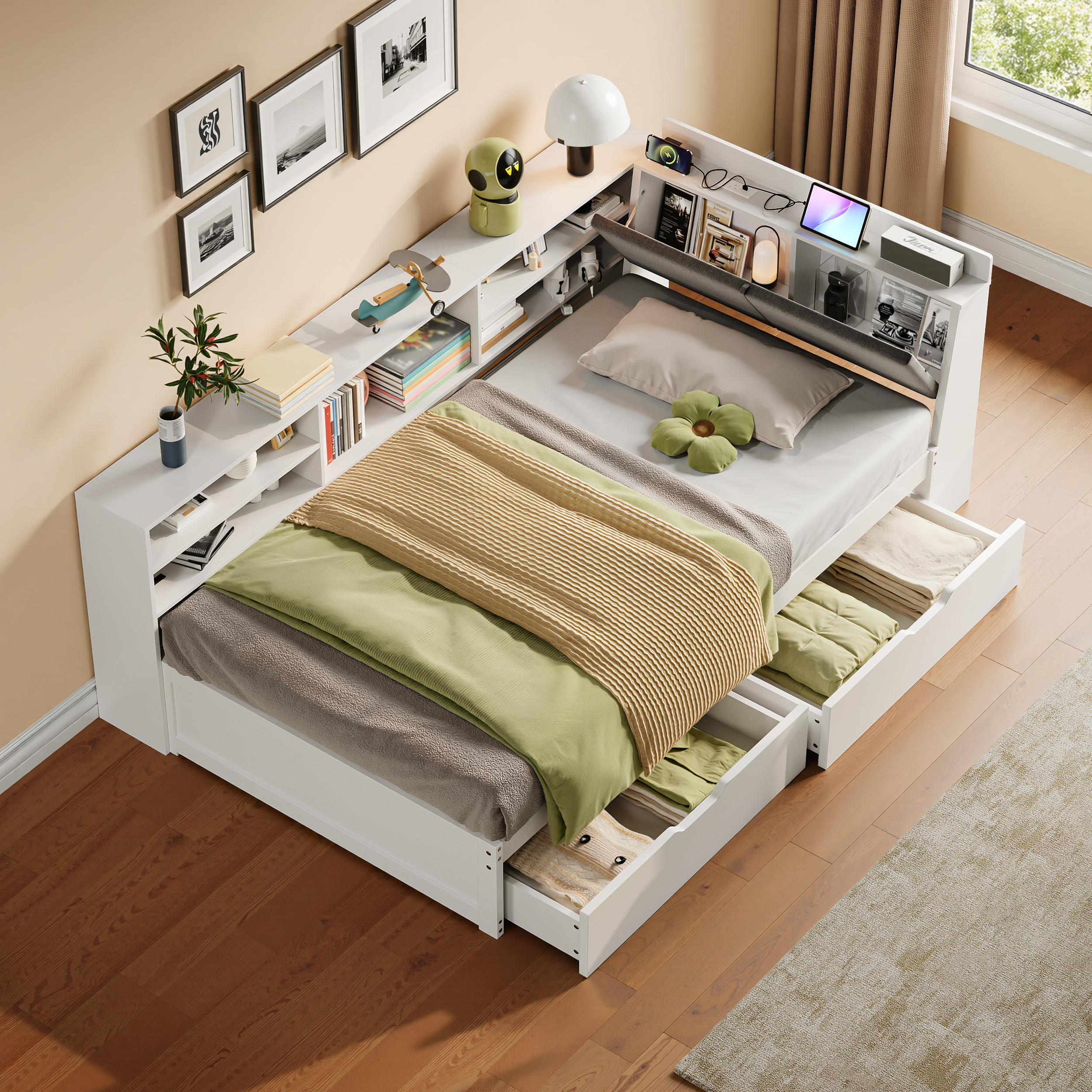 3ft Single L-Shape Daybed With Two Storage Drawers And Bookcase Linen Concealed — image 2
