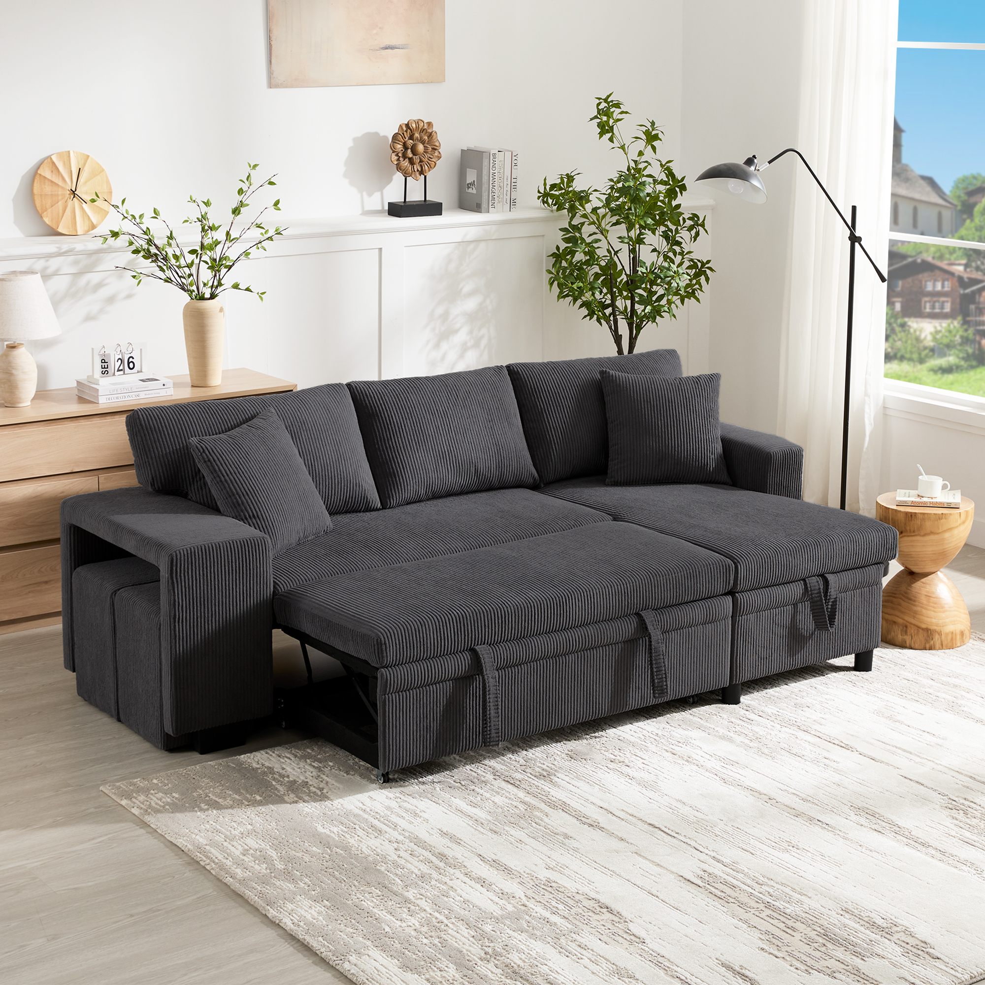 L Shaped Convertible Corner Sofa Bed With Pull Out Design, 2 Pillows & 2 — image 5