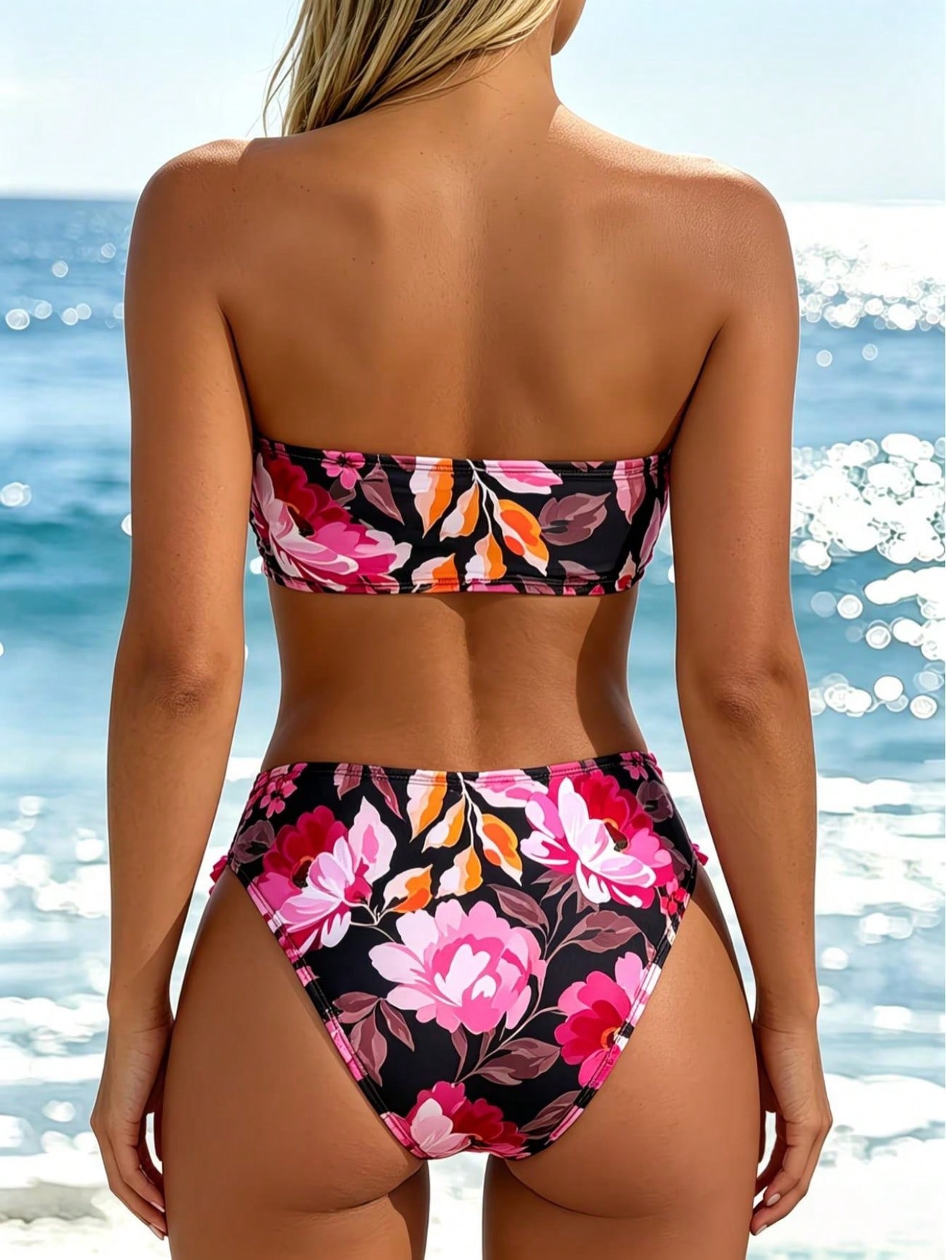 2026 New Floral Print Strapless Bandeau Bikini Set, High Waist Two-Piece Bathing Suit — foto 2