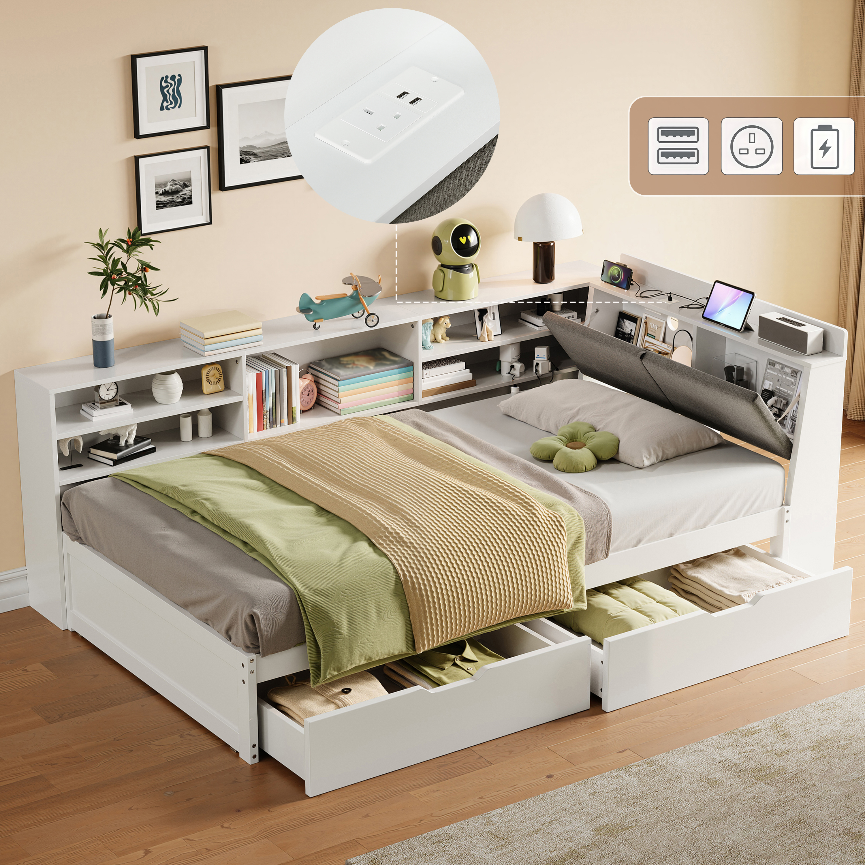 3ft Single L-Shape Daybed With Two Storage Drawers And Bookcase Storage, Linen Concealed Headboard Storage With Charging Station, Wood Bed For Living Room  Bedroom  Study Room, White  No Mattress