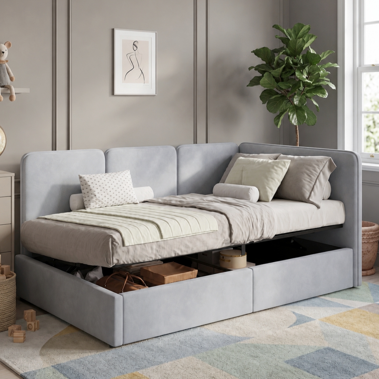 3FT Single Ottoman Daybed With Storage, 90 X 190 Cm Upholstered Velvet Day Bed — image 3