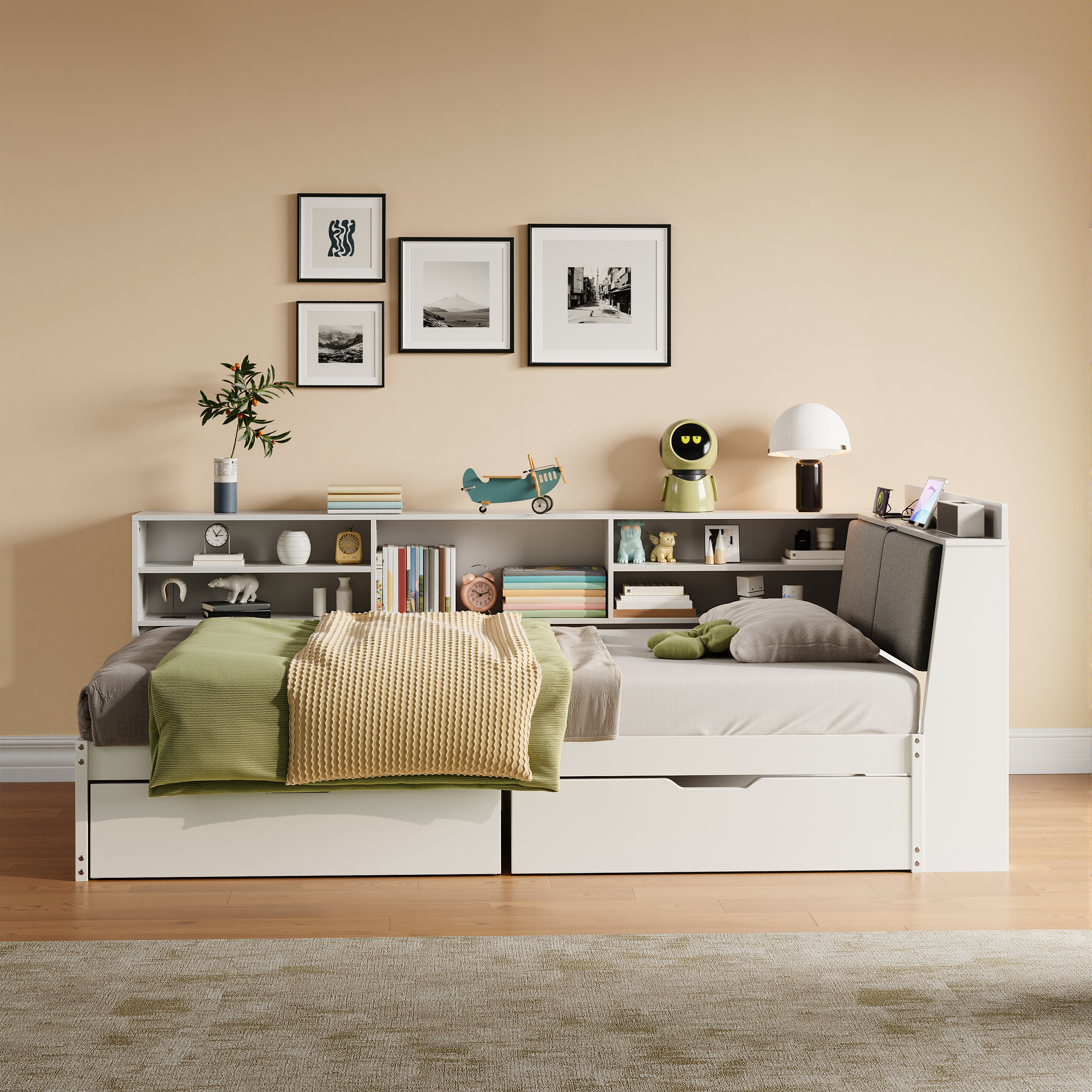 3ft Single L-Shape Daybed With Two Storage Drawers And Bookcase Linen Concealed — image 4