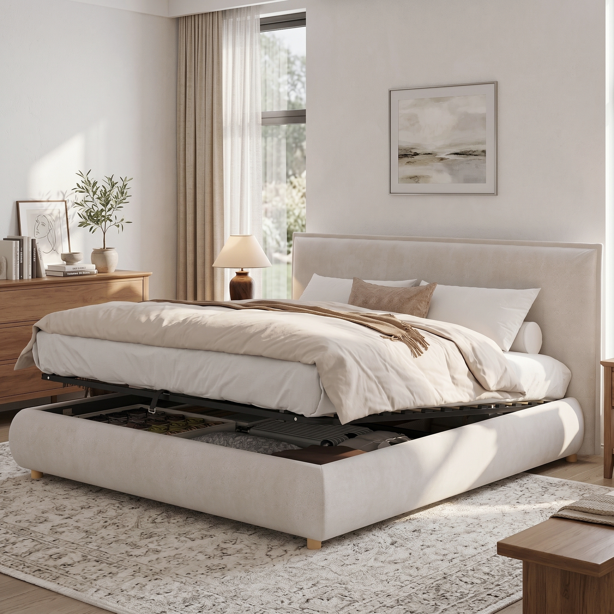 Upholstered Bed, 6ft Super King Size Bed , 180x200cm, Thick Padded Upholstered Ottoman Bed Frame, Hydraulic Lift Up Storage Bed With Tall Padded Headboard & Solid Wooden Legs, Cream, Velvet
