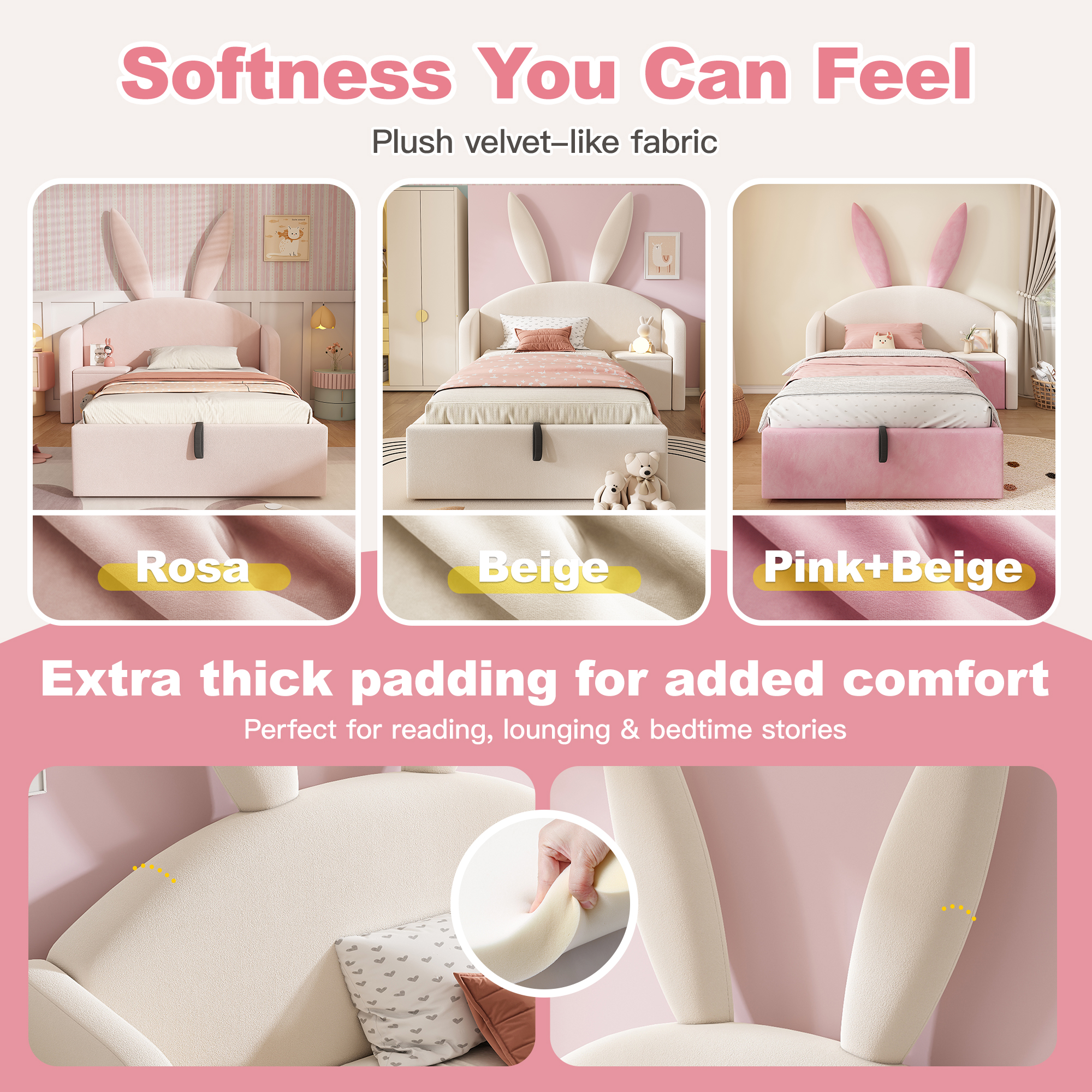 Bunny Ears Kids Bed, Single Upholstered With Hydraulic Storage & Nightstand — image 4