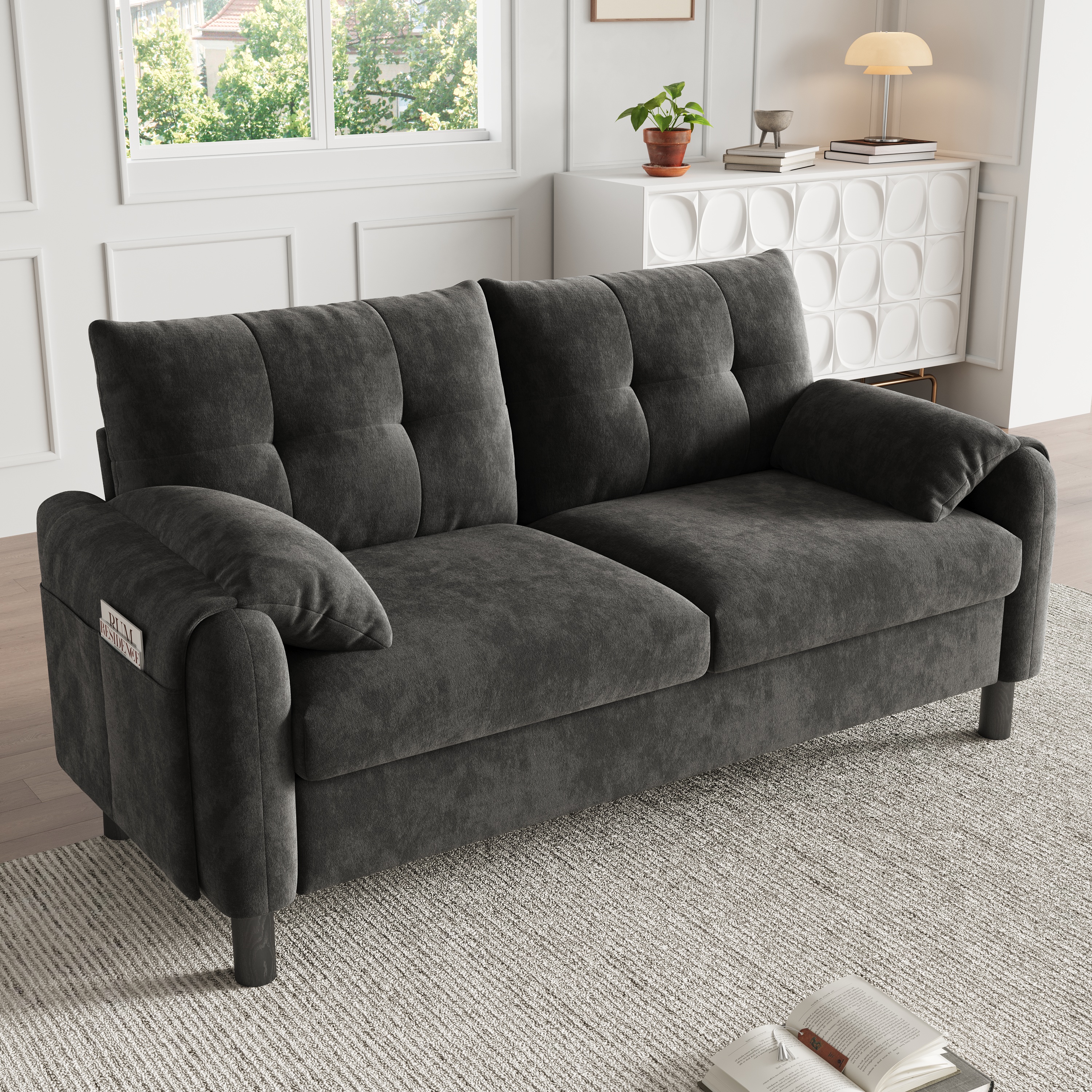 Modern 2 Seater Chenille Fabric Sofa With Soft Cushioned Seat, Pillow Style Armrests And Side Storage Pocket, Space Saving Design For Small Living Rooms, Bedrooms And Apartments,Grey