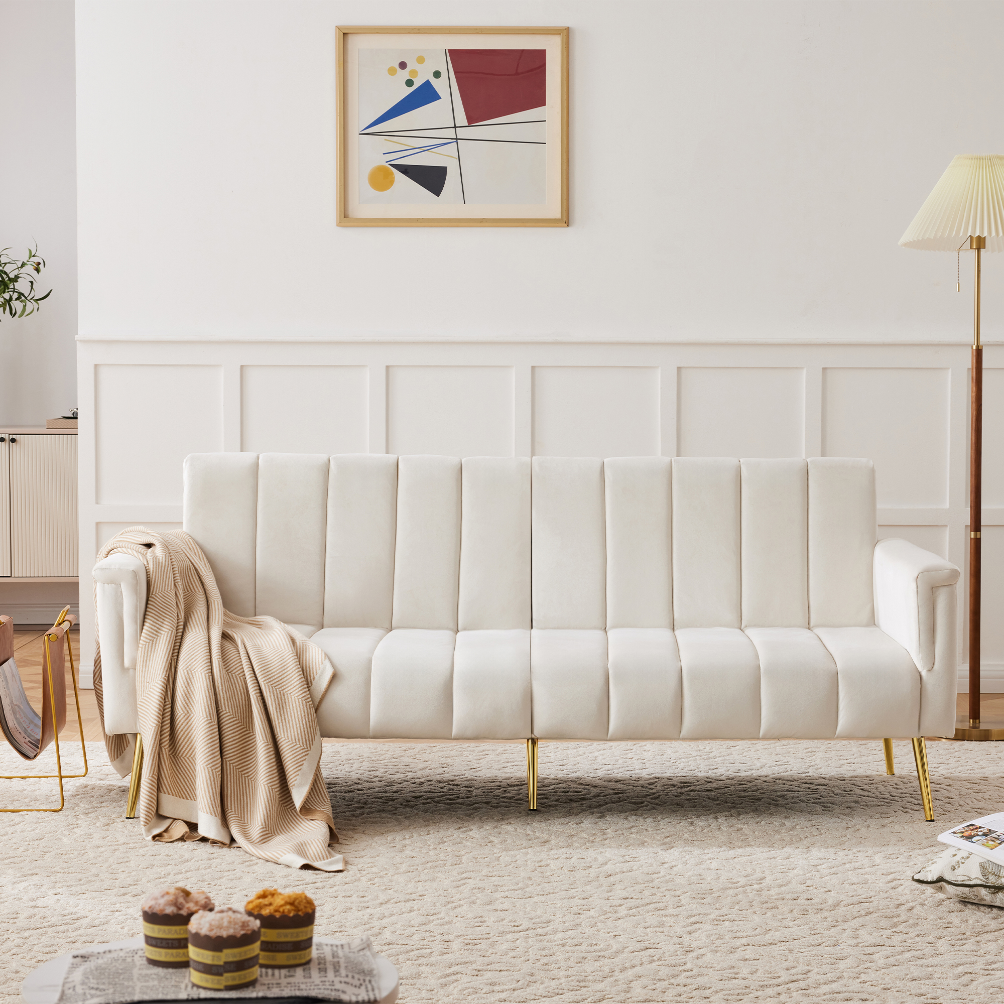 Modern Adjustable Velvet Sofa Bed With Multi Position Backrest & Armrests — image 4