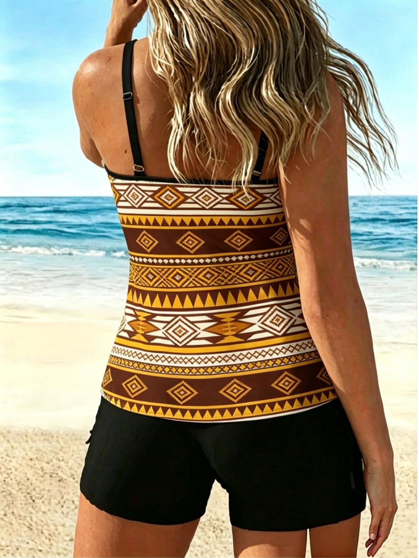 2026 New Boho Tribal Pattern Two-Piece Swimsuit, Sleeveless Longline Tank With Boyshorts — foto 3