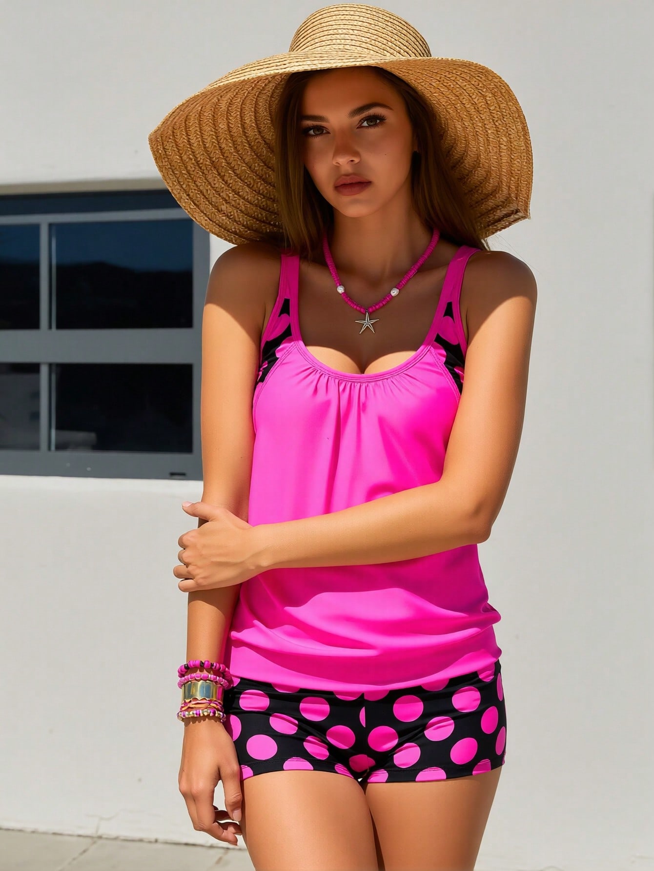2026 New Hot Tankini Swimsuit Set, Scoop Neck Loose Tank Top & Polka Dot Boyshort Bottoms