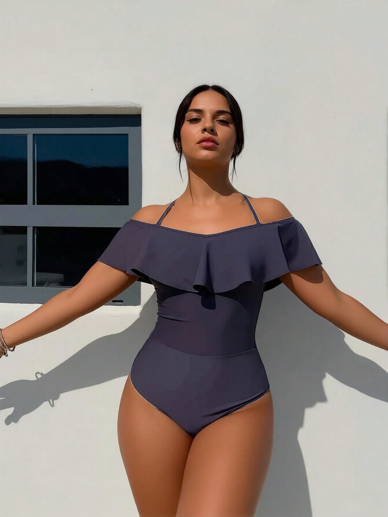 2026 New Off-Shoulder Ruffle One-Piece Swimsuit, Halter Neck Tummy Control Bathing Suit — foto 4