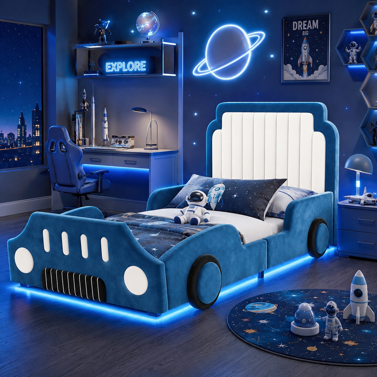 Children S Bed 3FT-90 X 190cm, Upholstered Bed, Single Bed, Car-shaped Design, With Safety Rails, With LED Lighting, Velvet, Blue 5