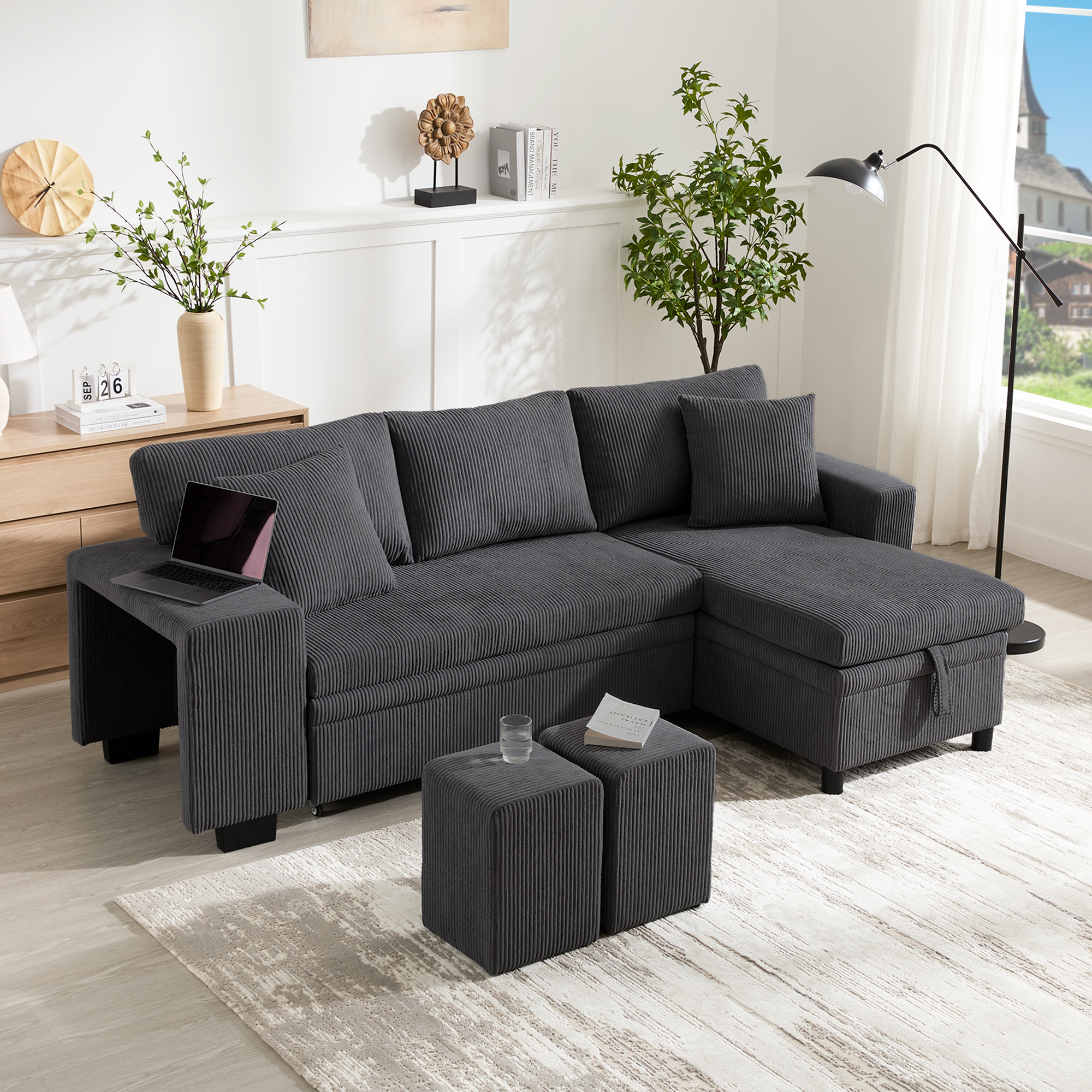 L Shaped Convertible Corner Sofa Bed With Pull Out Design, 2 Pillows & 2 — image 2