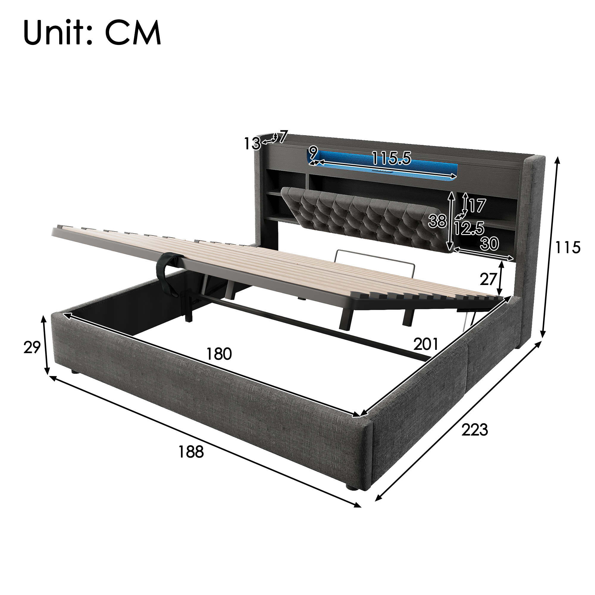 6ft Super King Bed With Hydraulic Storage, Upholstered Frame LED Lighting — image 4