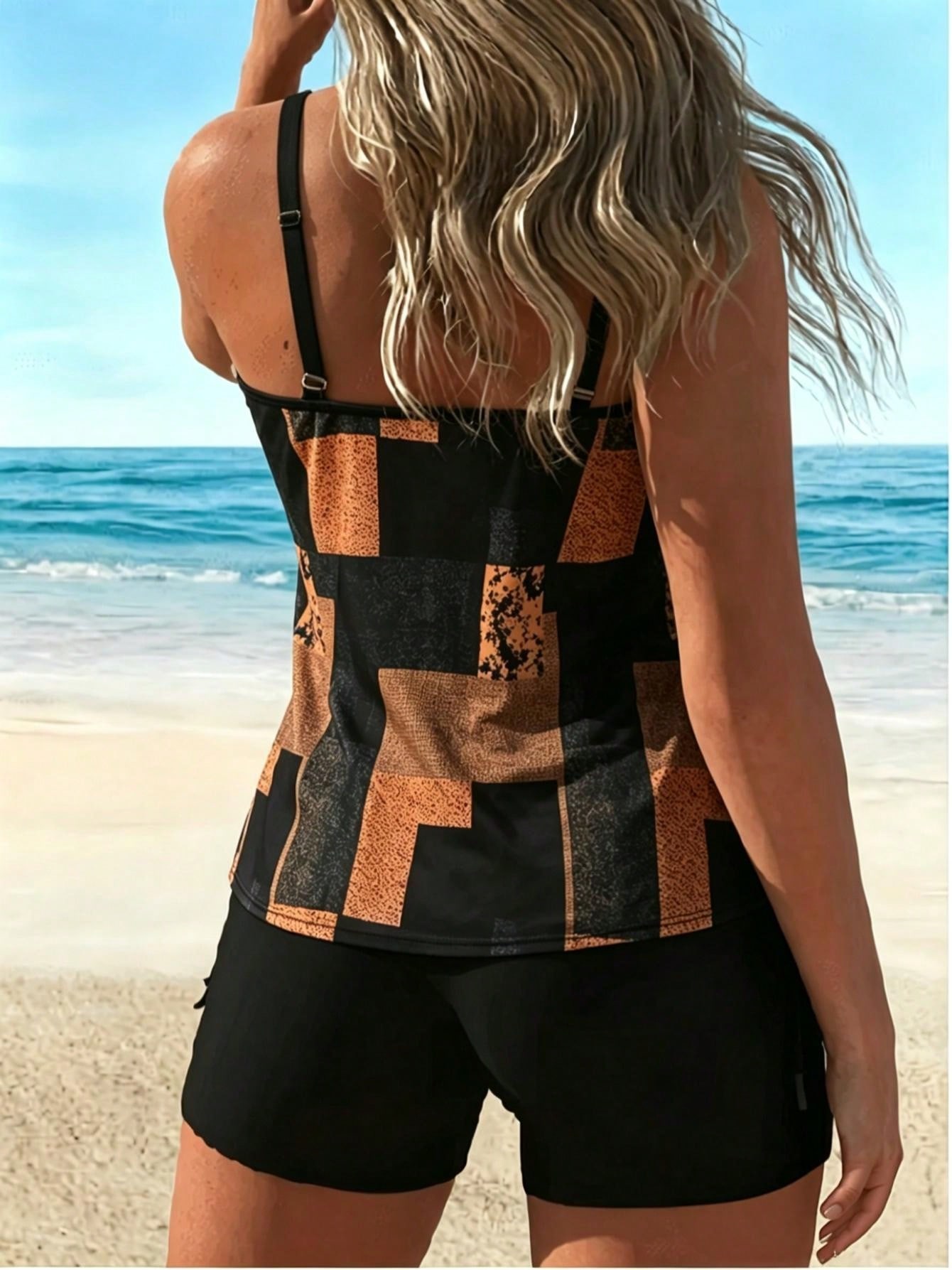 2026 New Abstract Geometric Print Tankini Swimsuit, U Neck Tummy Control Swimwear — foto 4