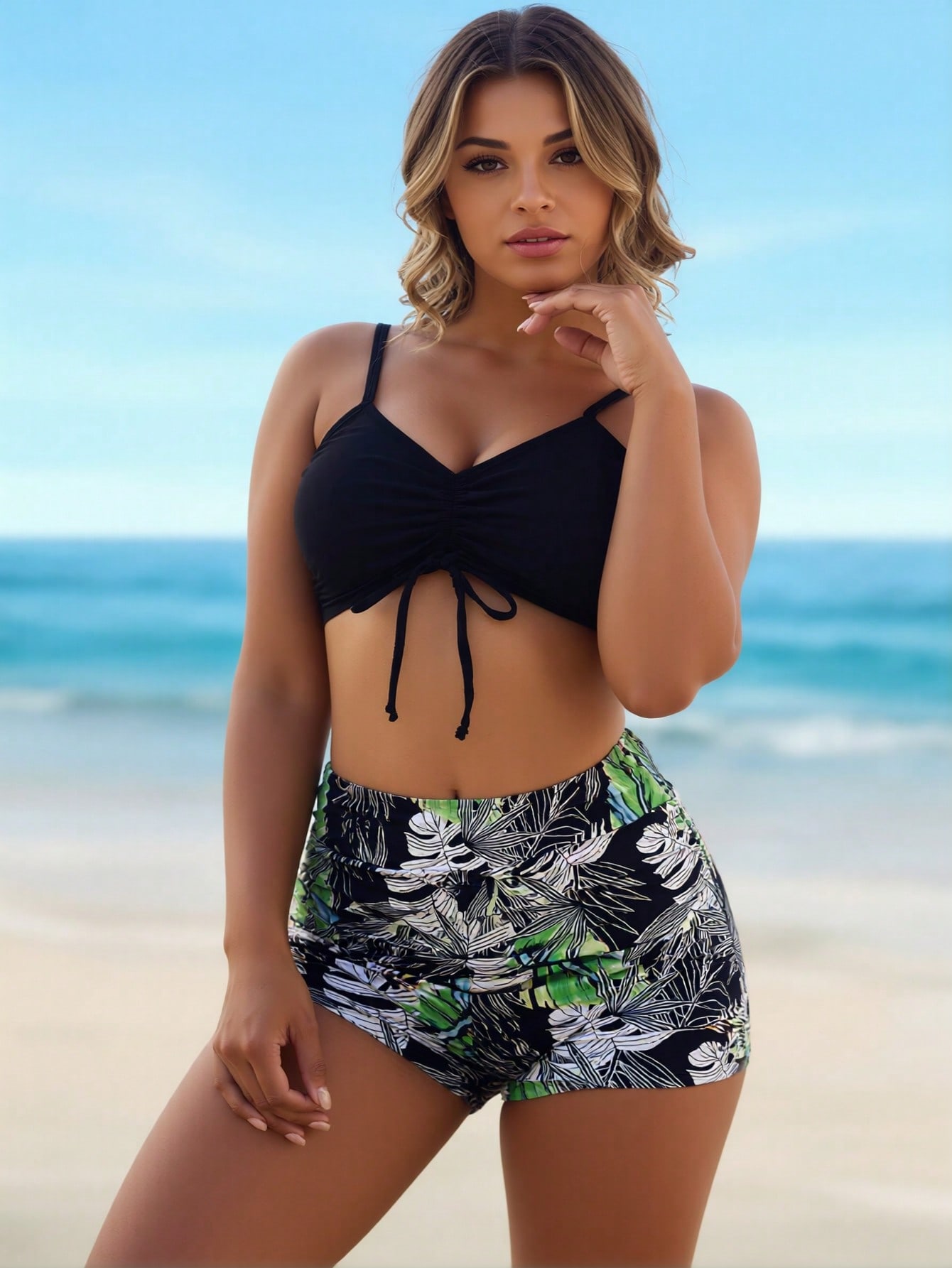 2026 New Solid Black Ruched Crop Swim Top, Jungle Leaf Print High Cut Conservative Bathing Suit Set — foto 3
