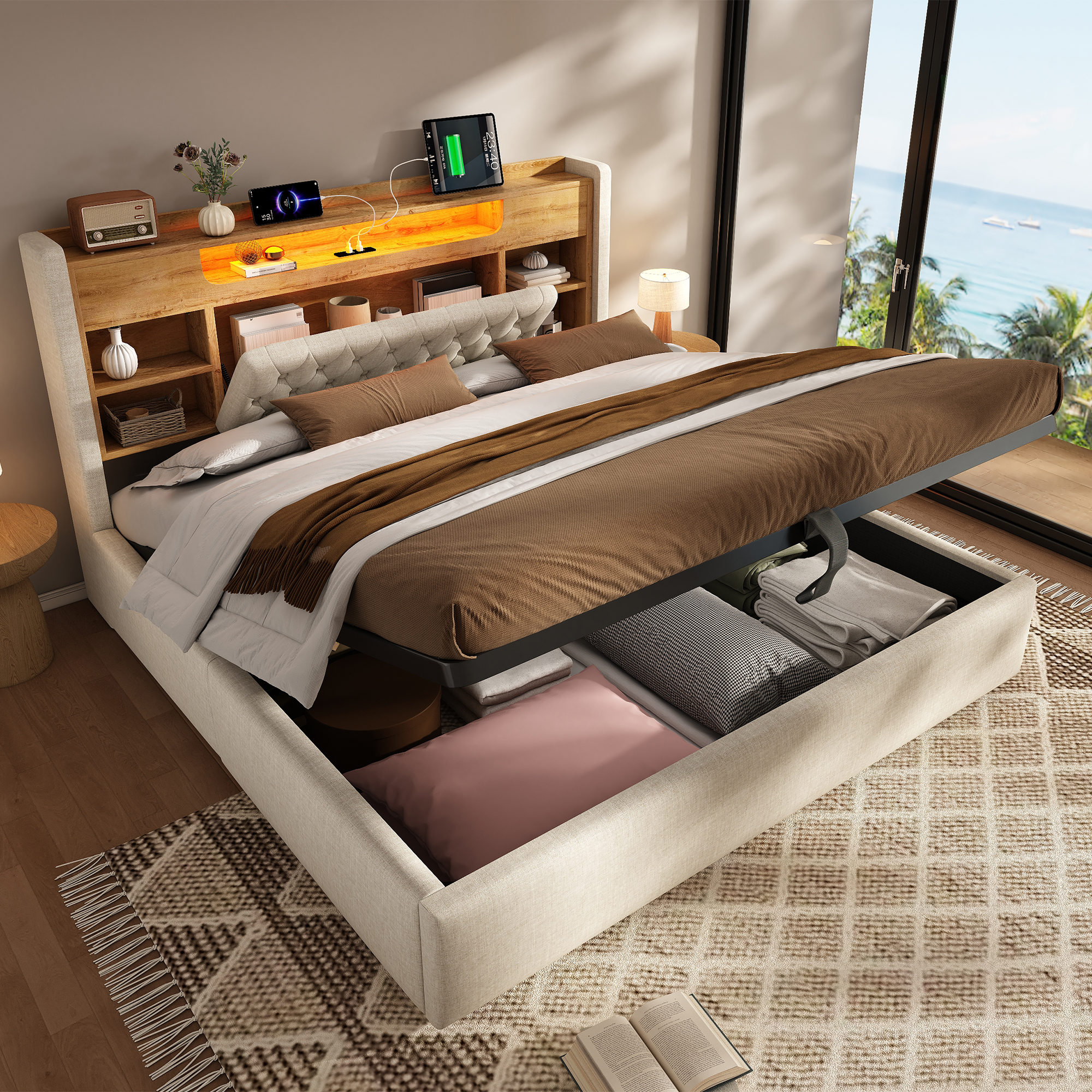 5ft King Bed With Hydraulic Storage, Upholstered Bed Frame With LED Lighting & Charging Station, Storage Headboard For Cellphones & Tablets, 150 X 200 Cm, Linen, Beige  No Mattress