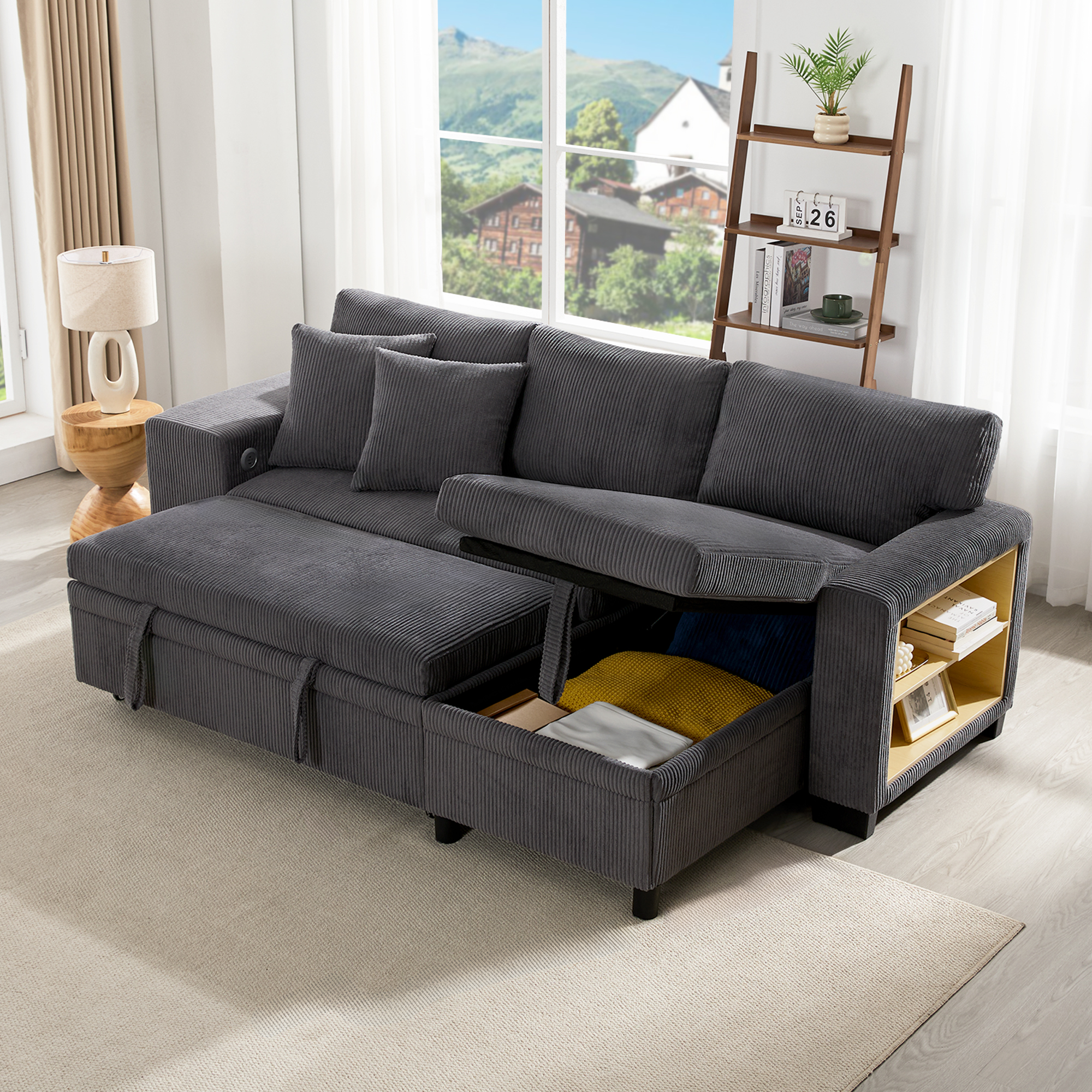 L Shaped Convertible Corner Sofa Bed With Pull Out Design, 2 Pillows & 2 — image 4