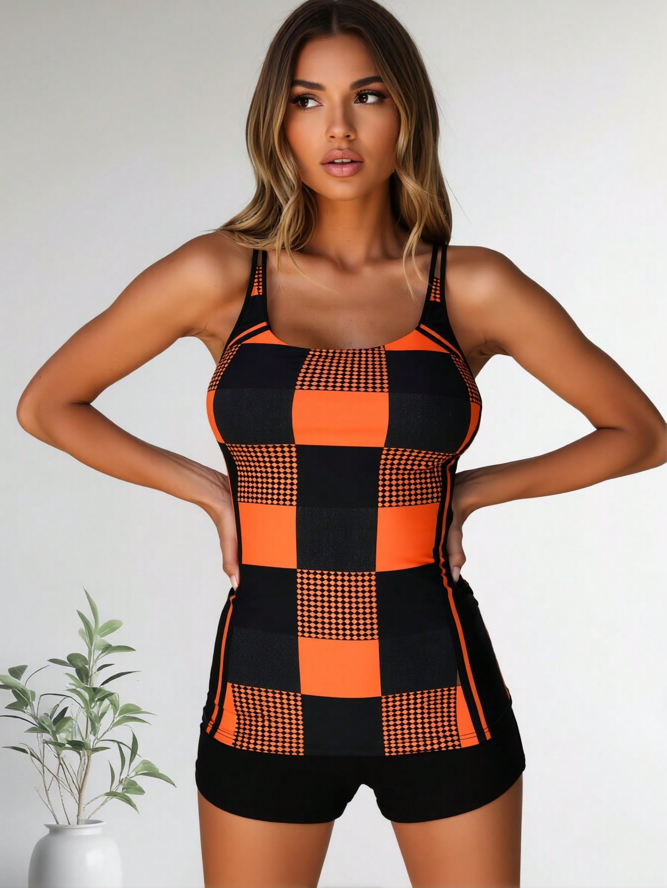 2026 New Orange & Black Checkerboard Print Two-Piece Swimsuit, Sleeveless Longline Tank With Boyshorts — foto 2