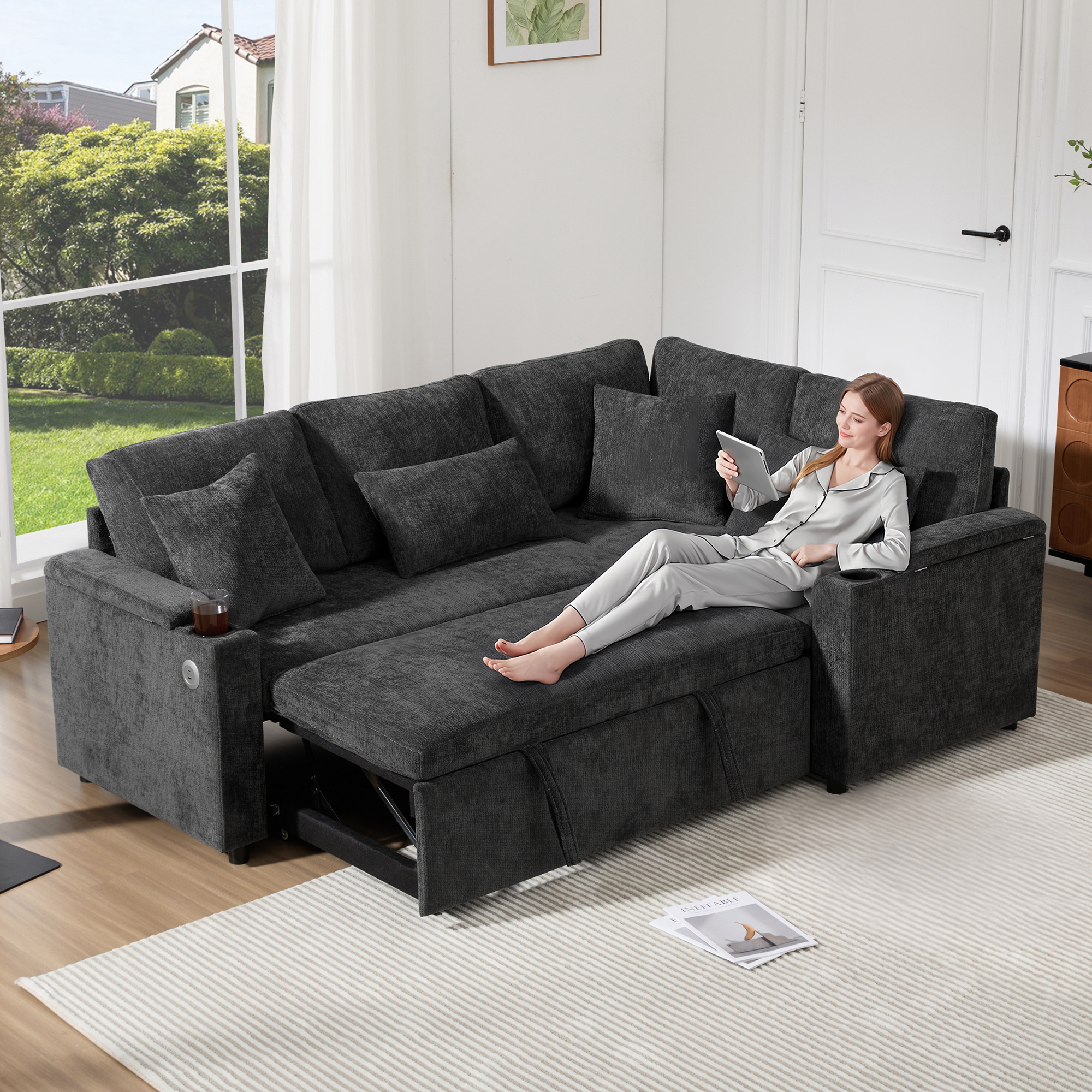 L Shaped Extendable Convertible Corner Sofa With Storage, Cup Holders, USB Charging Port, Armrest Tray And 4 Cushions, Ideal For Living Room, Guest Room And Home Cinema, Grey