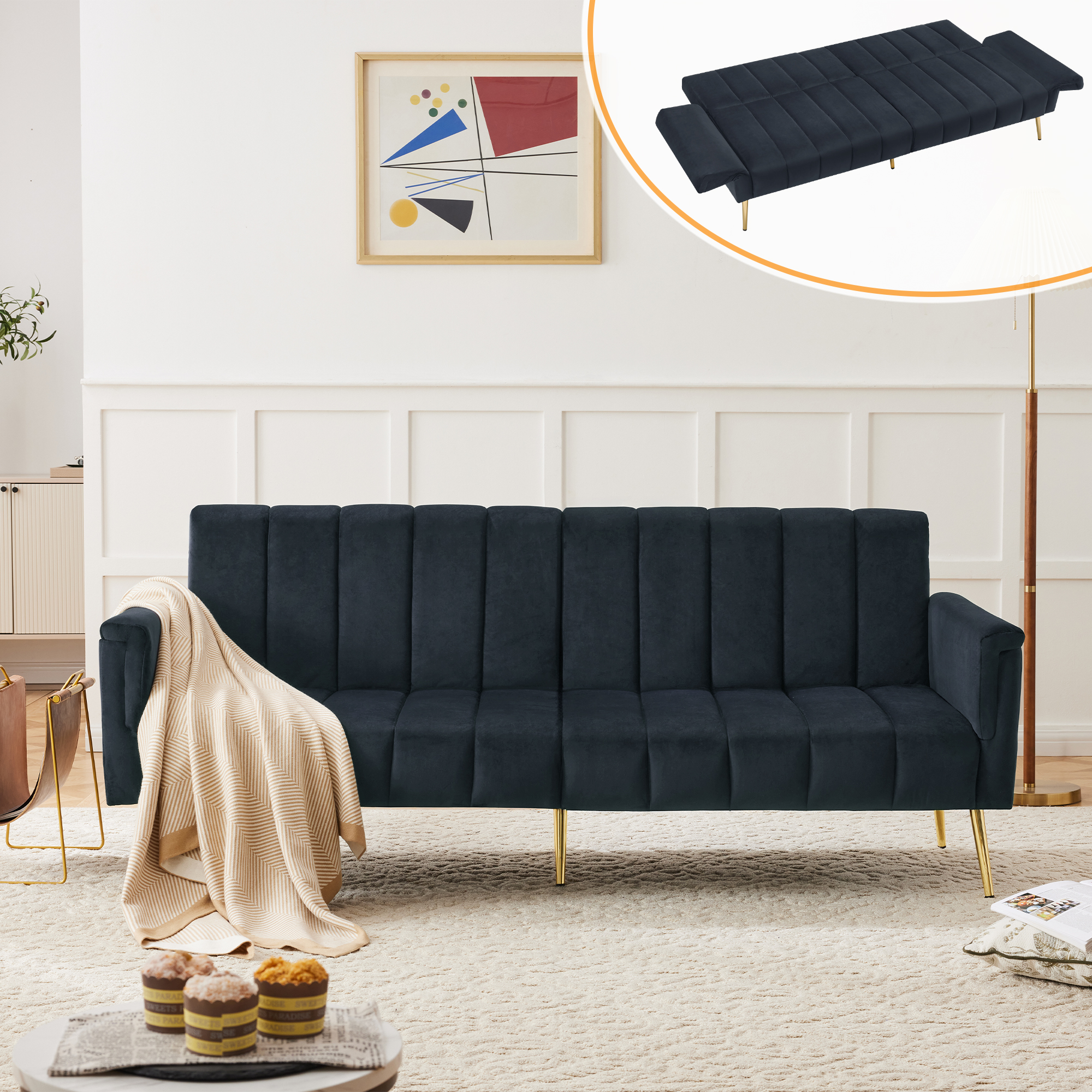 Modern Adjustable Velvet Sofa Bed With Multi Position Backrest & Armrests — image 4