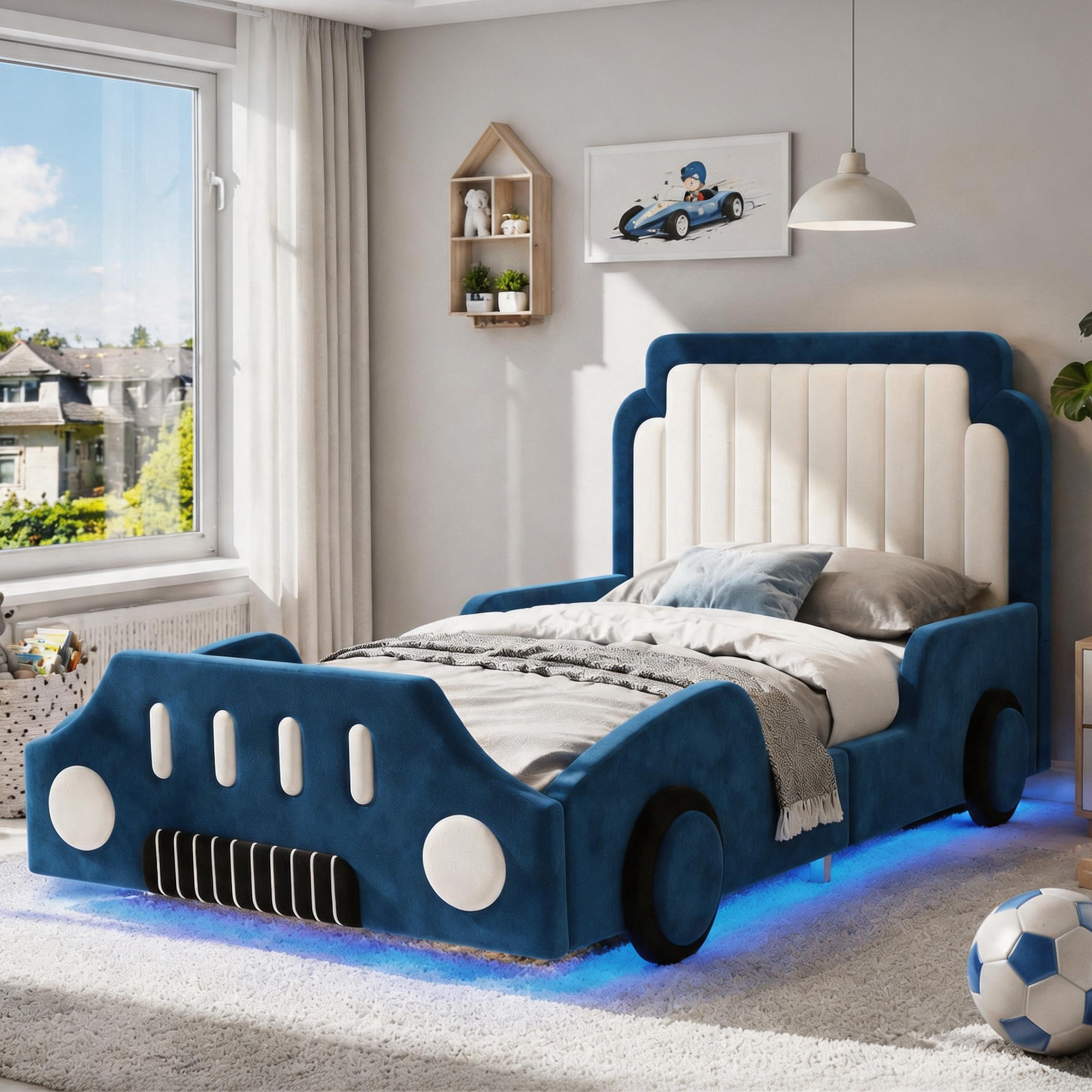 Children S Bed 3FT-90 X 190cm, Upholstered Bed, Single Bed, Car-shaped Design, With Safety Rails, With LED Lighting, Velvet, Blue 4
