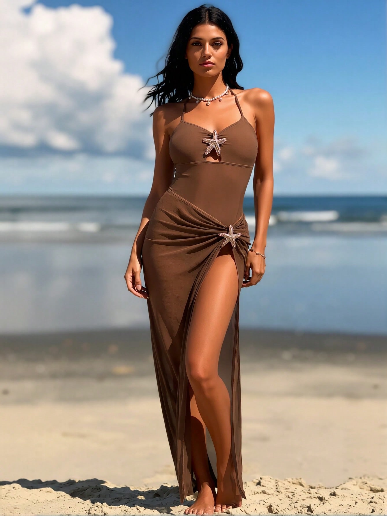 2026 New Coffee Starfish Decor One-Piece Swimsuit, Sheer High Slit Skirted Vacation Swimwear — foto 2