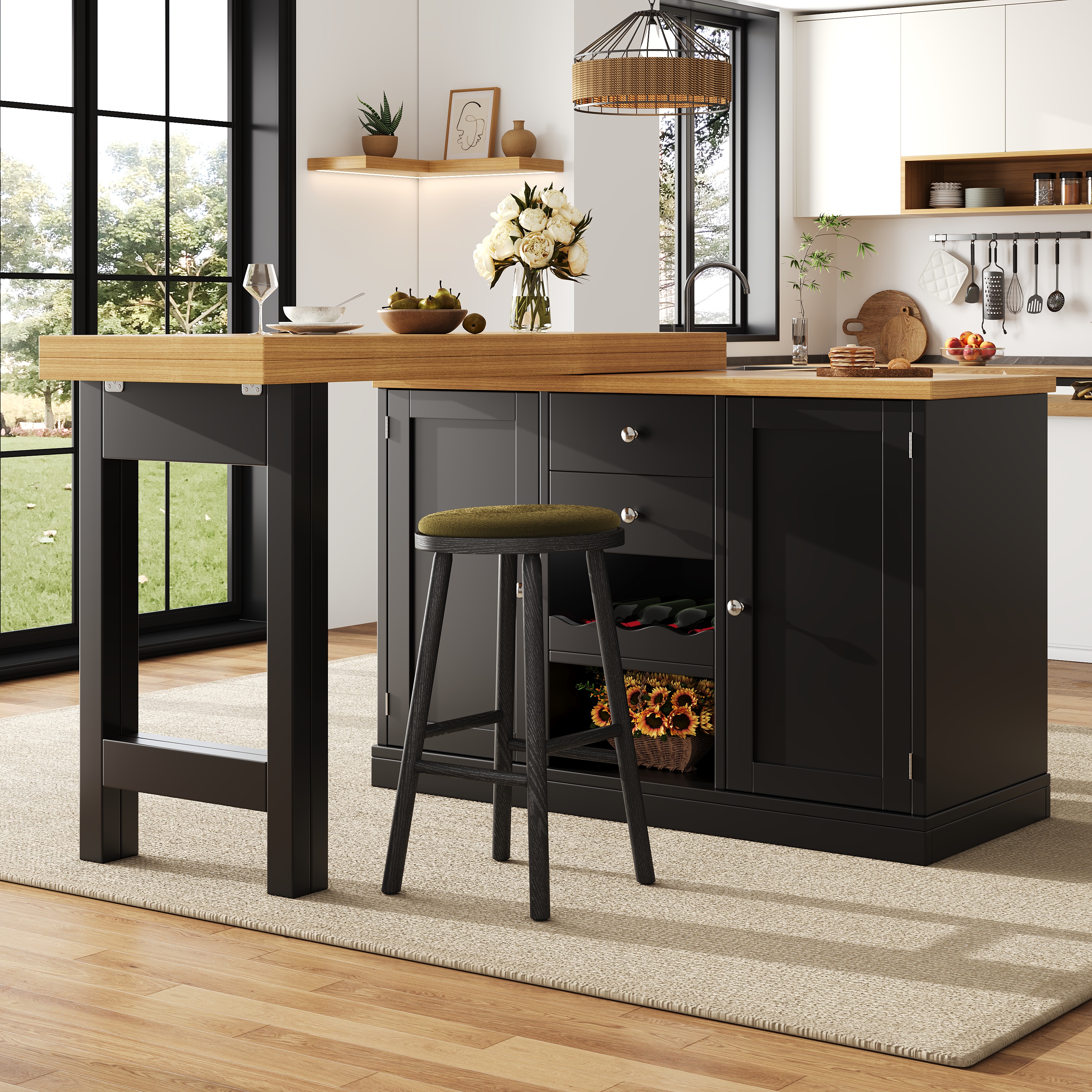Extendable Sideboard & Dining Table Combo, 2 Drawers & Snack Rack, Space-Saving — image 2