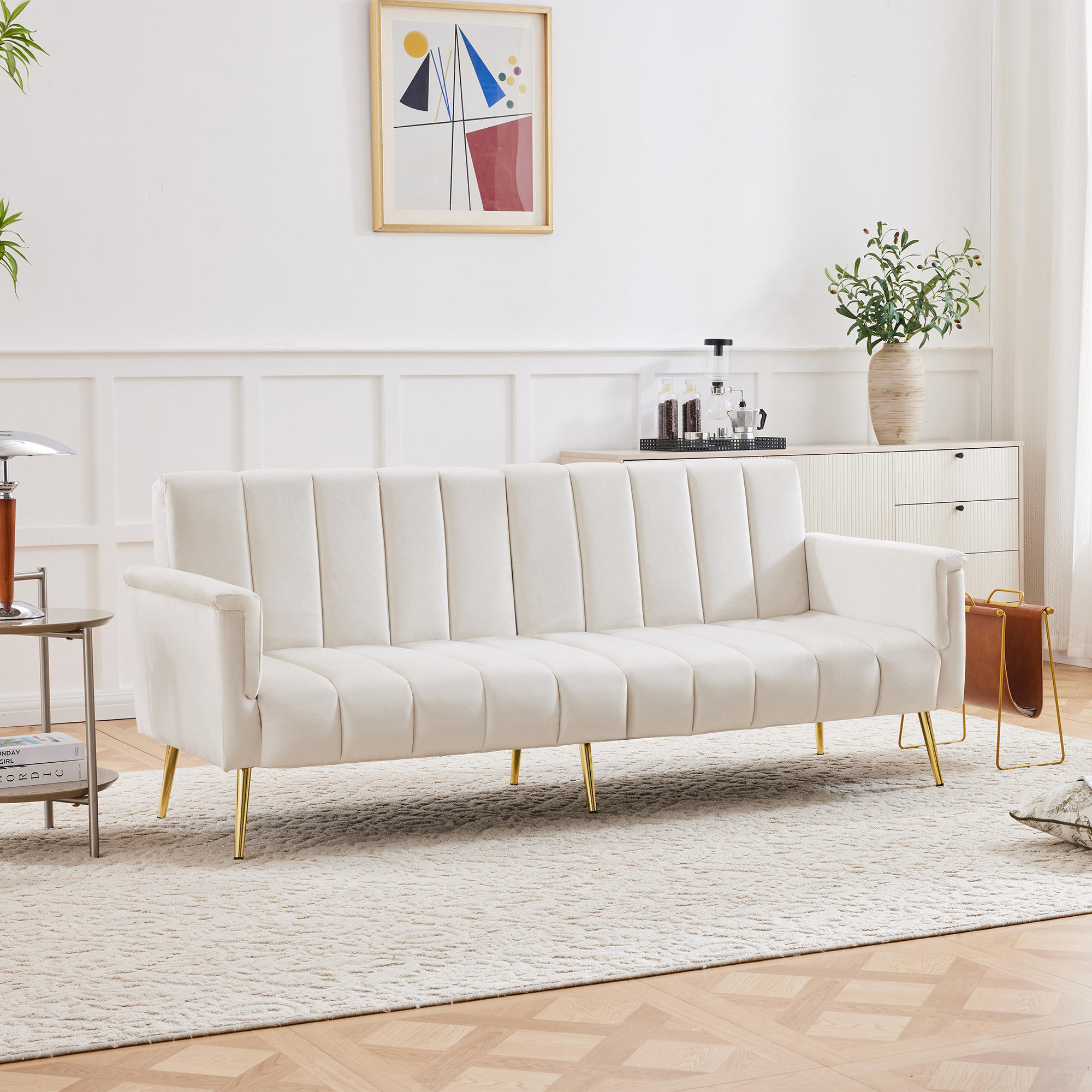 Modern Adjustable Velvet Sofa Bed With Multi Position Backrest & Armrests — image 3